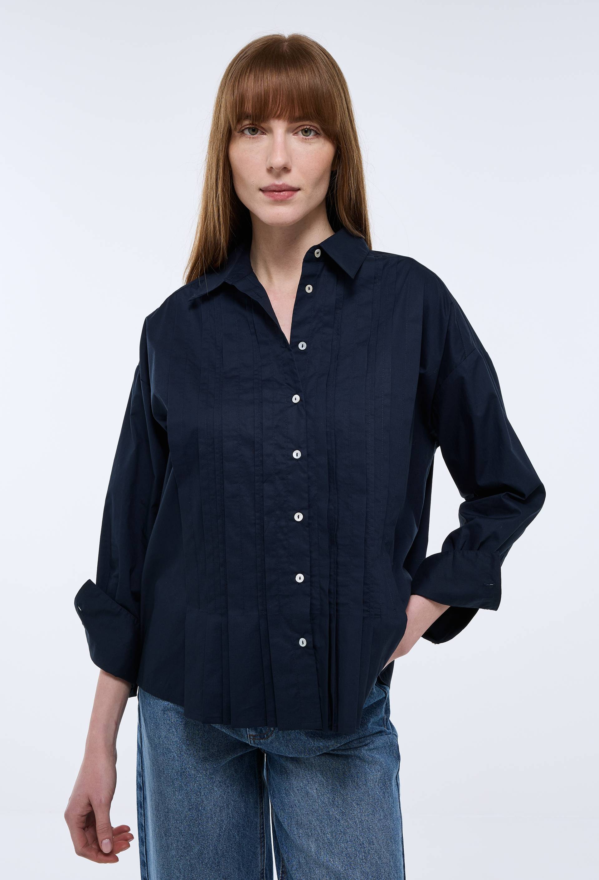 Chemise manches longues unie en coton BIO GOTS, Bleu fonc&eacute;, large image number 0