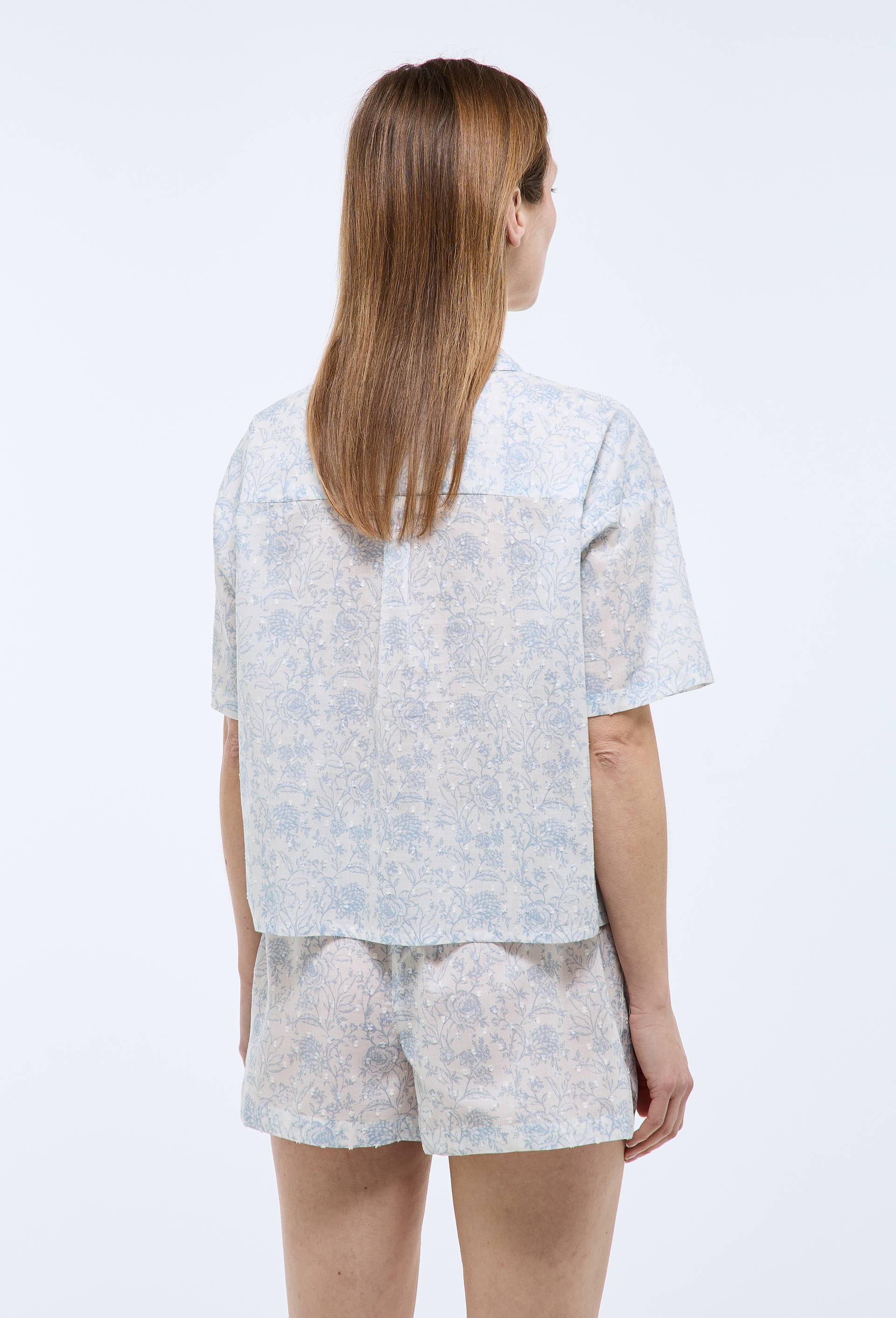Pyjashort imprim&eacute; toile de Jouy en plumetis de coton BIO, Bleu clair, large image number 1