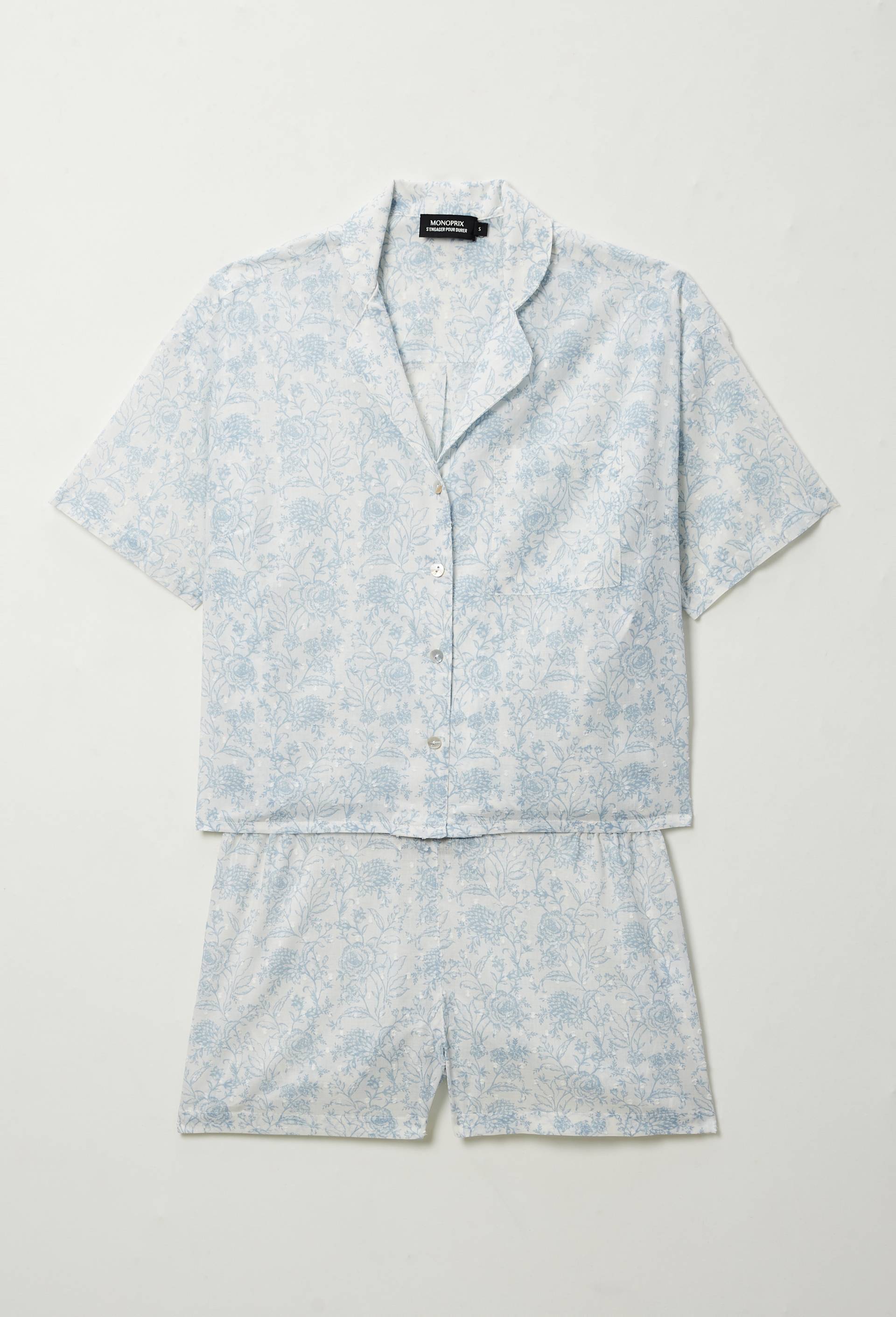 Pyjashort imprim&eacute; toile de Jouy en plumetis de coton BIO, Bleu clair, large image number 2.0