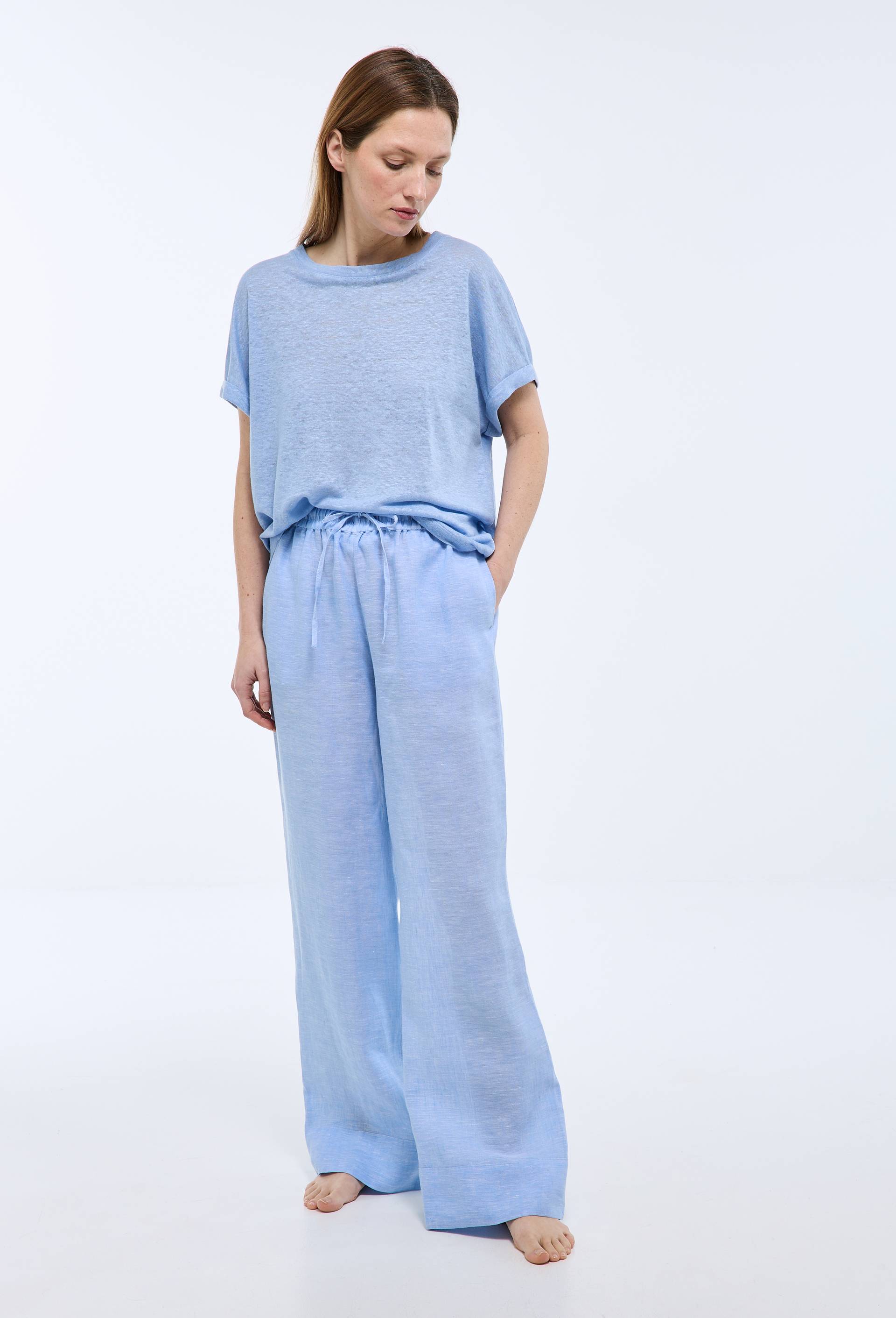 Pantalon ray&eacute;e lin coton, Bleu clair, large image number 0.0