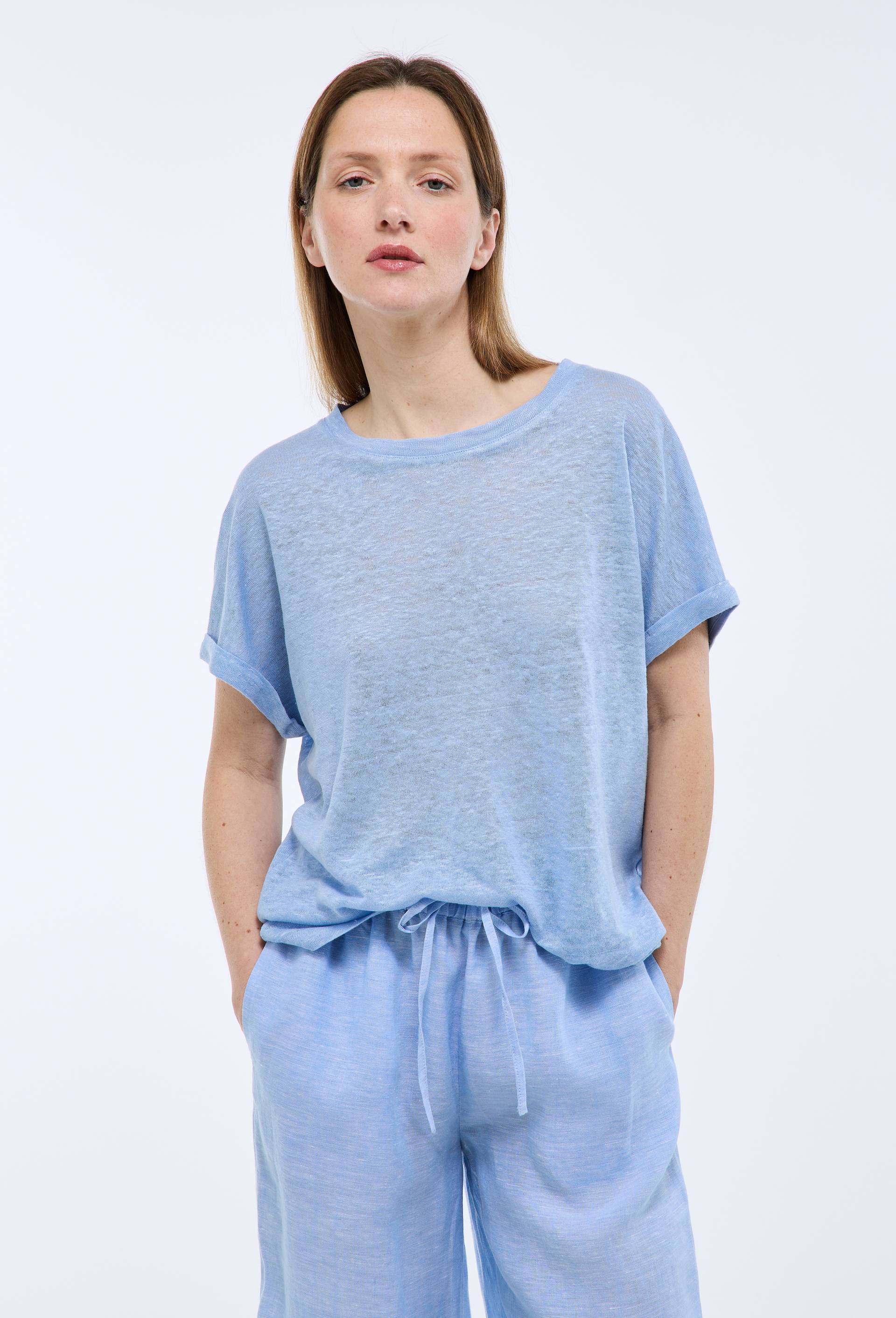 T-shirt col rond en lin jersey, Bleu clair, large image number 0