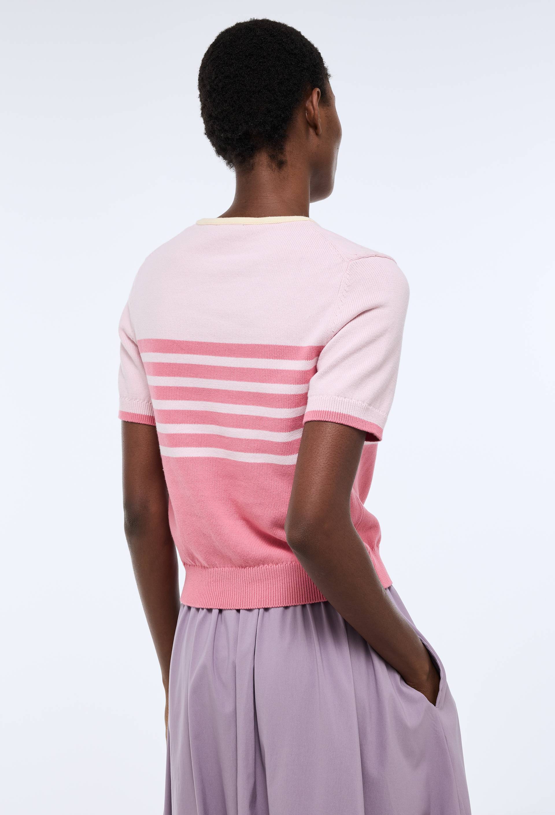 Pull ray&eacute;e manches courtes en coton, Rose, large image number 1