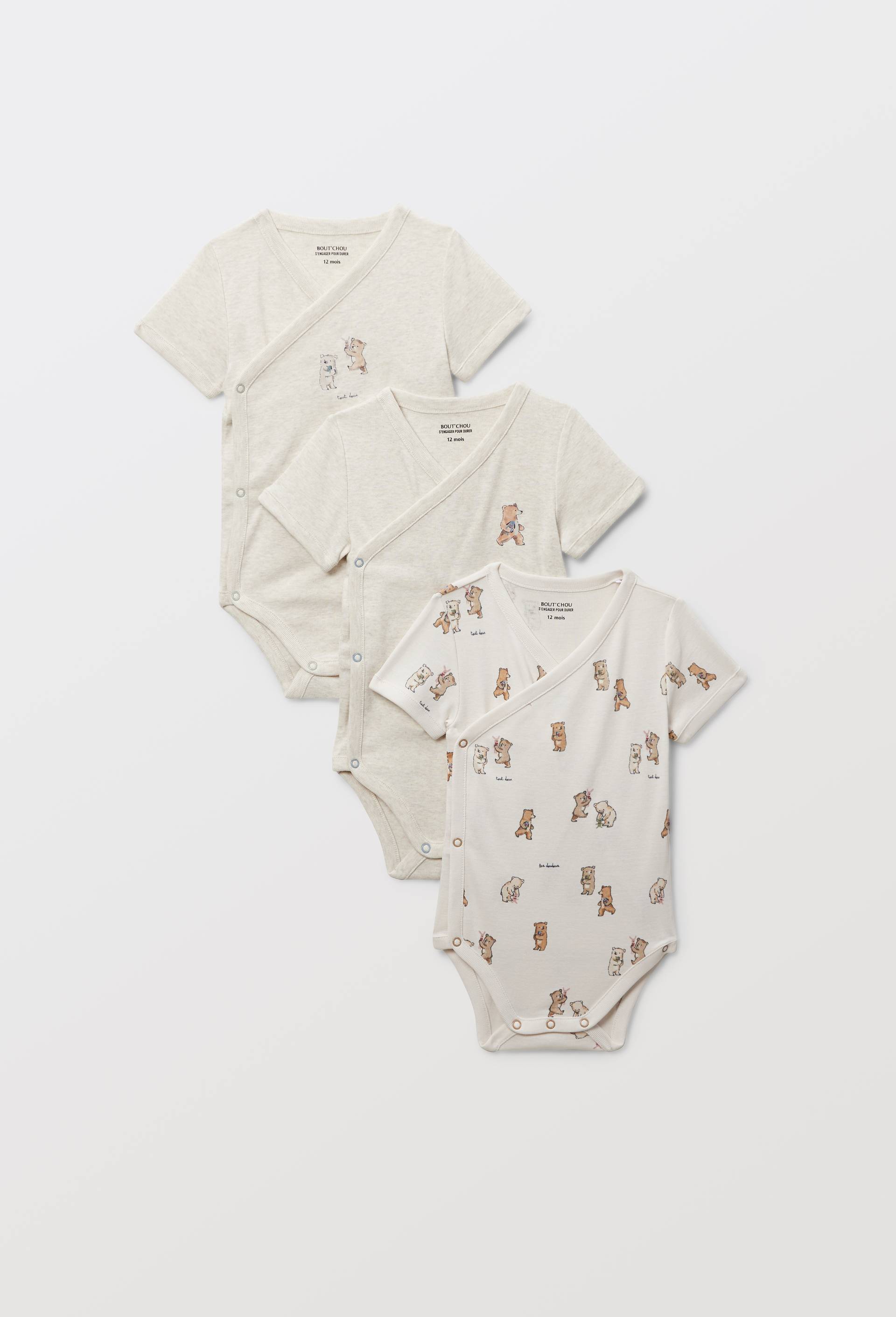 Lot de 3 bodies crois&eacute;s manches courtes imprim&eacute; en coton BIO GOTS, Ecru, large image number 0