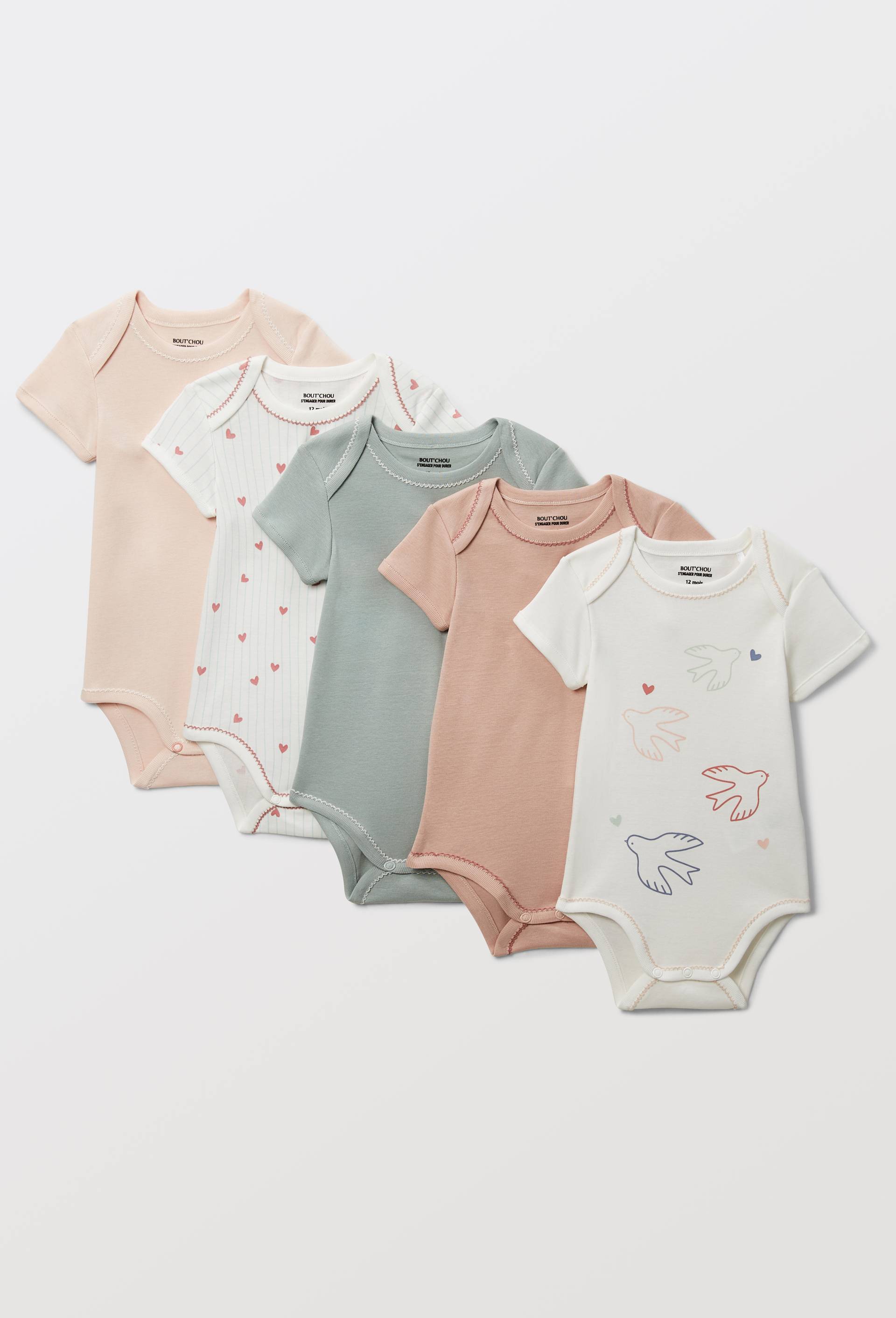 Lot de 5 bodies manches courtes imprim&eacute; en coton BIO GOTS, Ecru, large image number 0.0