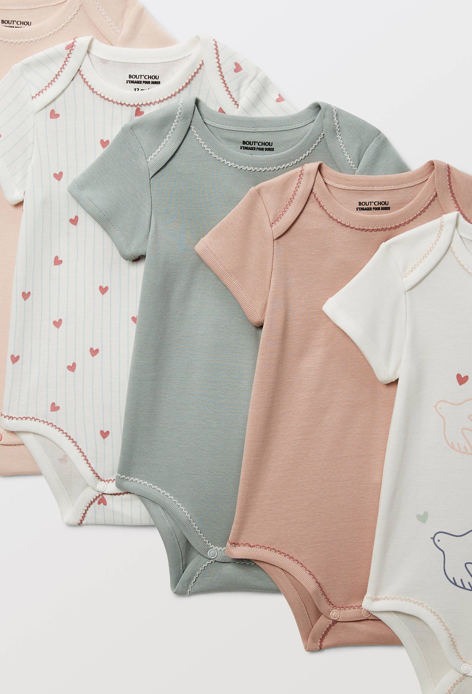 Lot de 5 bodies manches courtes imprim&eacute; en coton BIO GOTS, Ecru, large image number 2