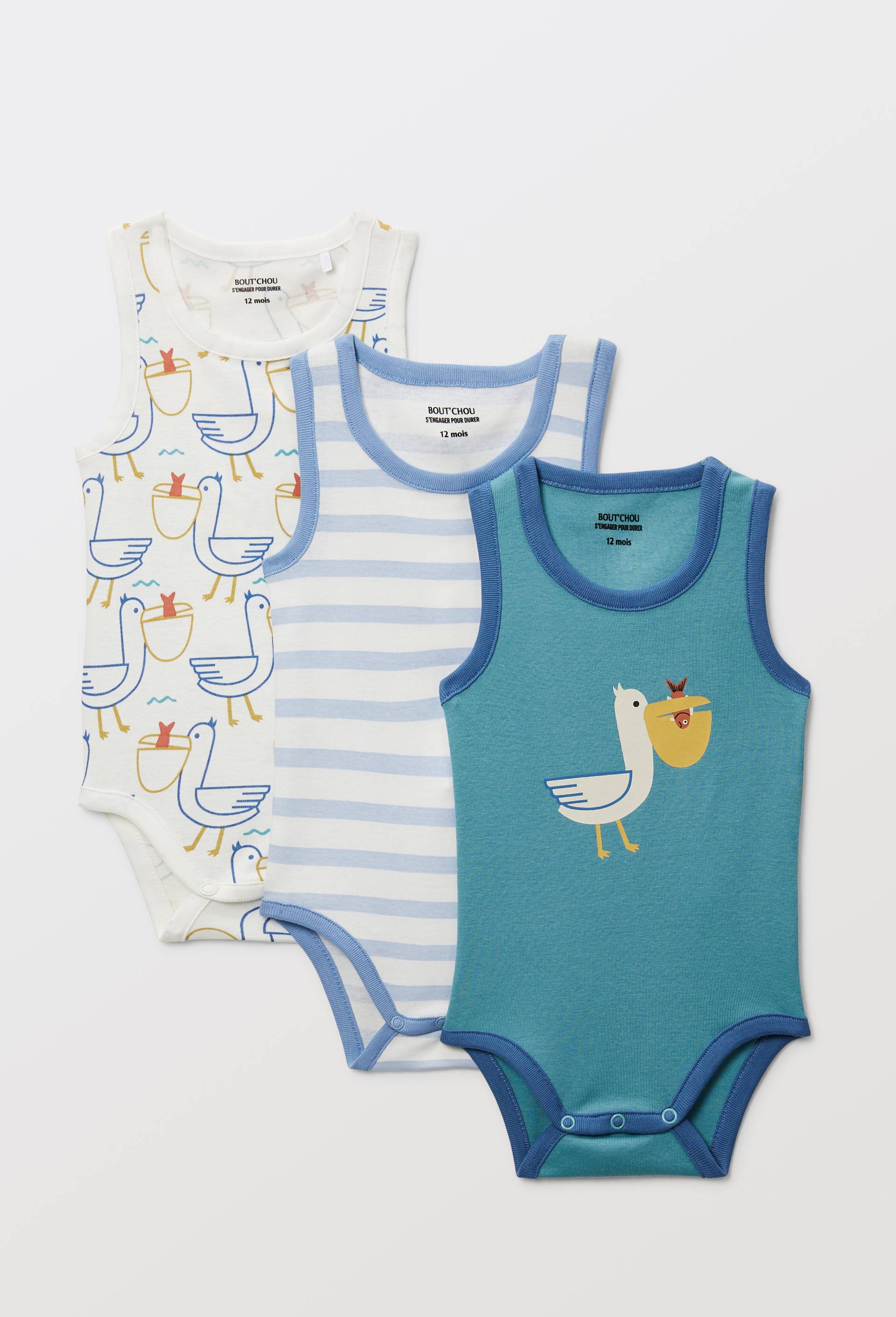 Lot de 3 bodies bretelle imprim&eacute; en coton BIO GOTS, Ecru, large image number 0
