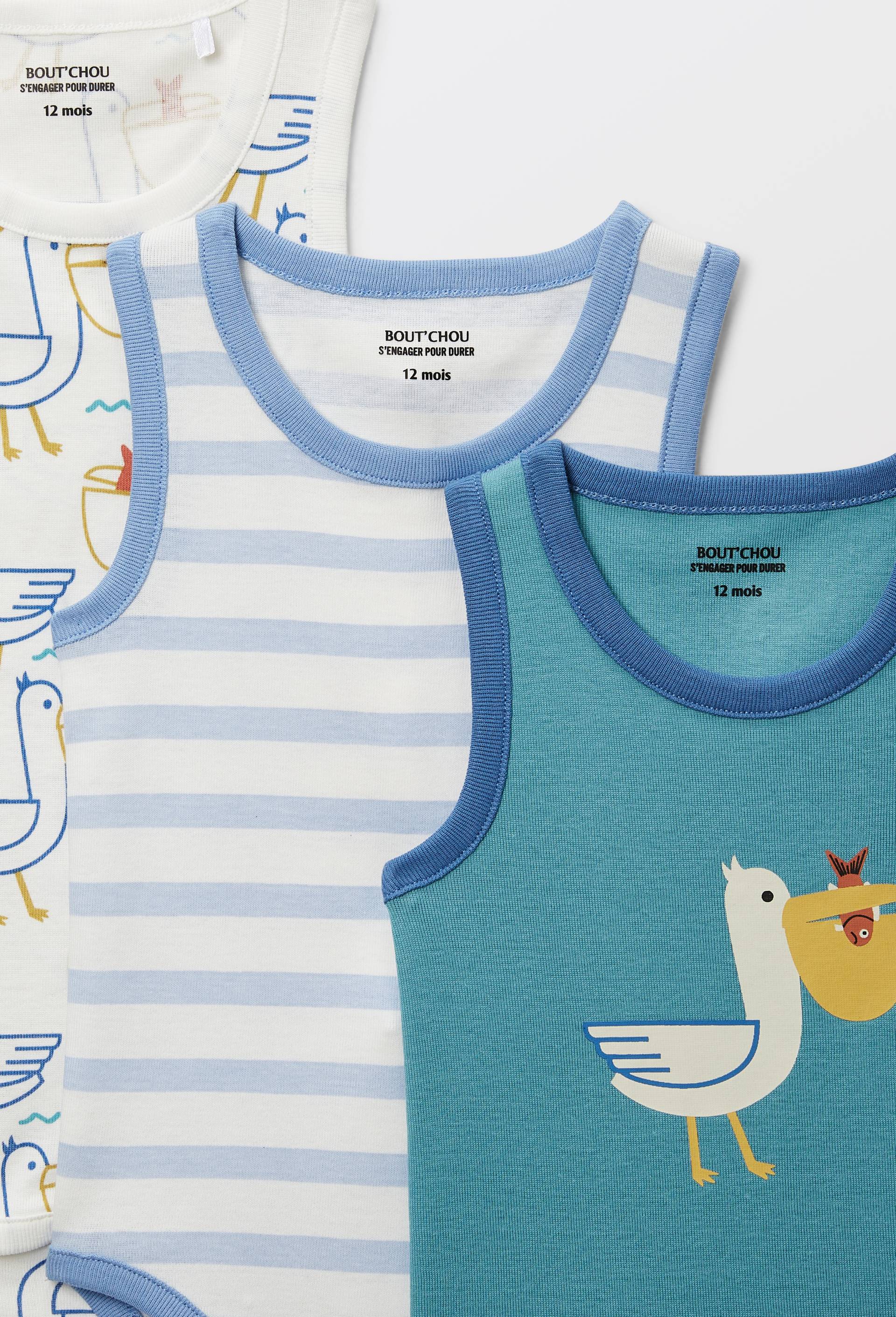 Lot de 3 bodies bretelle imprim&eacute; en coton BIO GOTS, Ecru, large image number 2