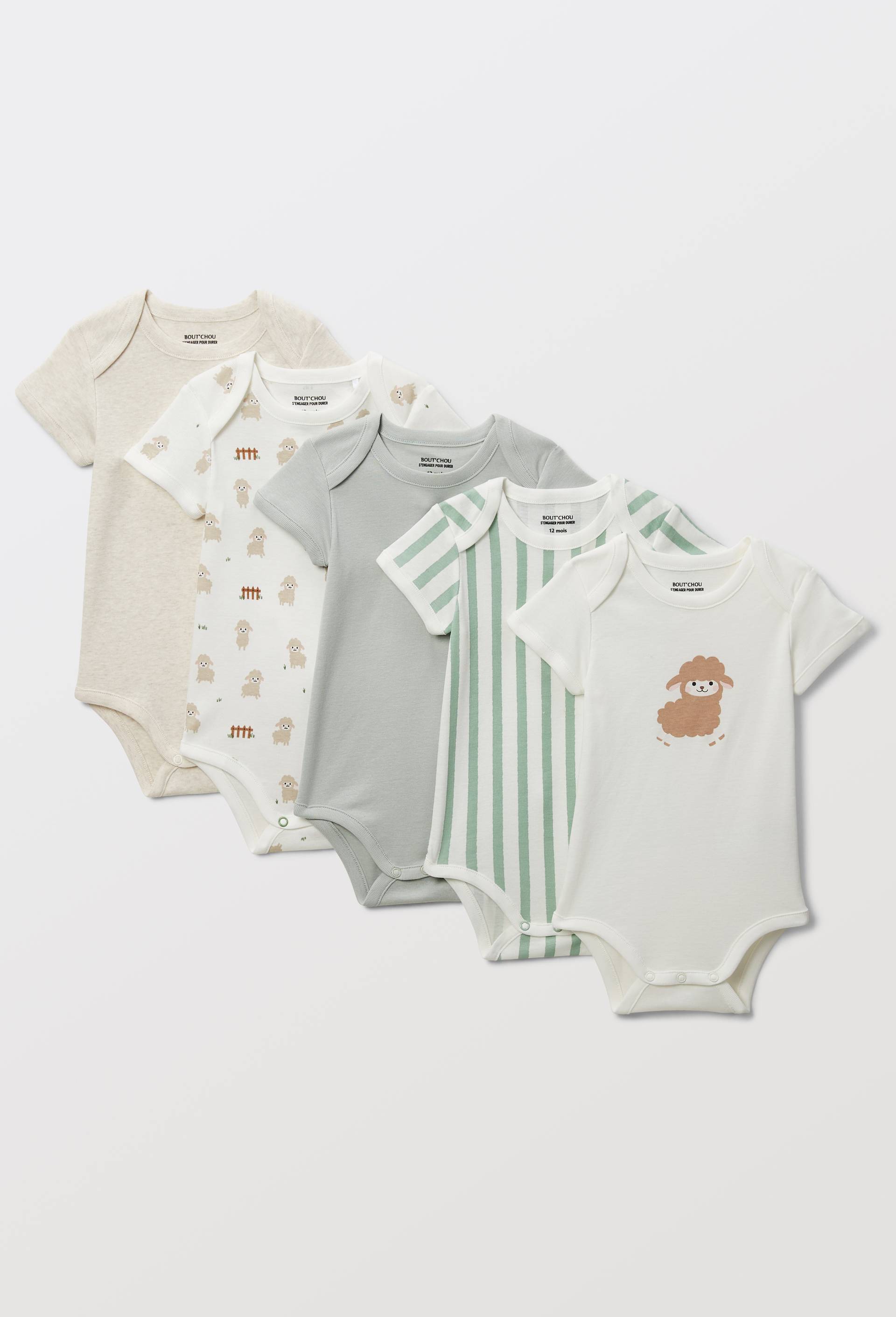 Lot de 5 bodies manches courtes imprim&eacute; en coton BIO GOTS, Ecru, large image number 0.0