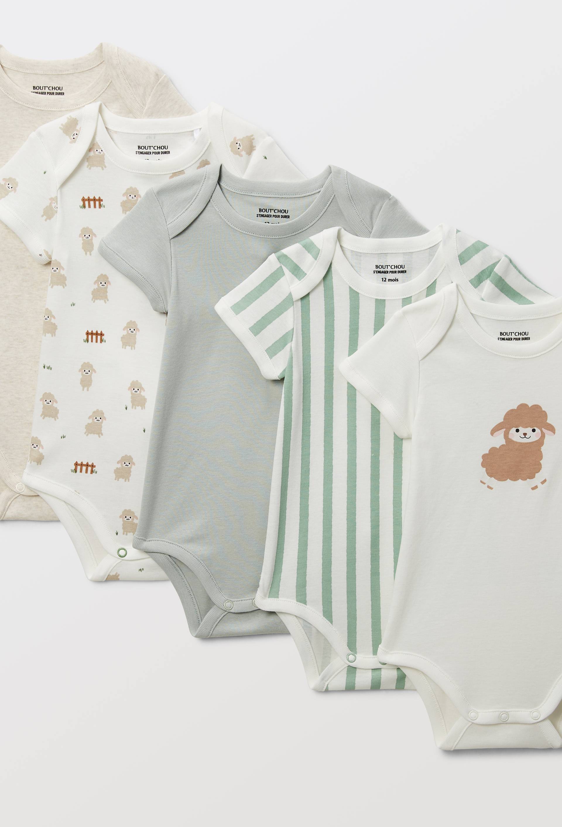 Lot de 5 bodies manches courtes imprim&eacute; en coton BIO GOTS, Ecru, large image number 2