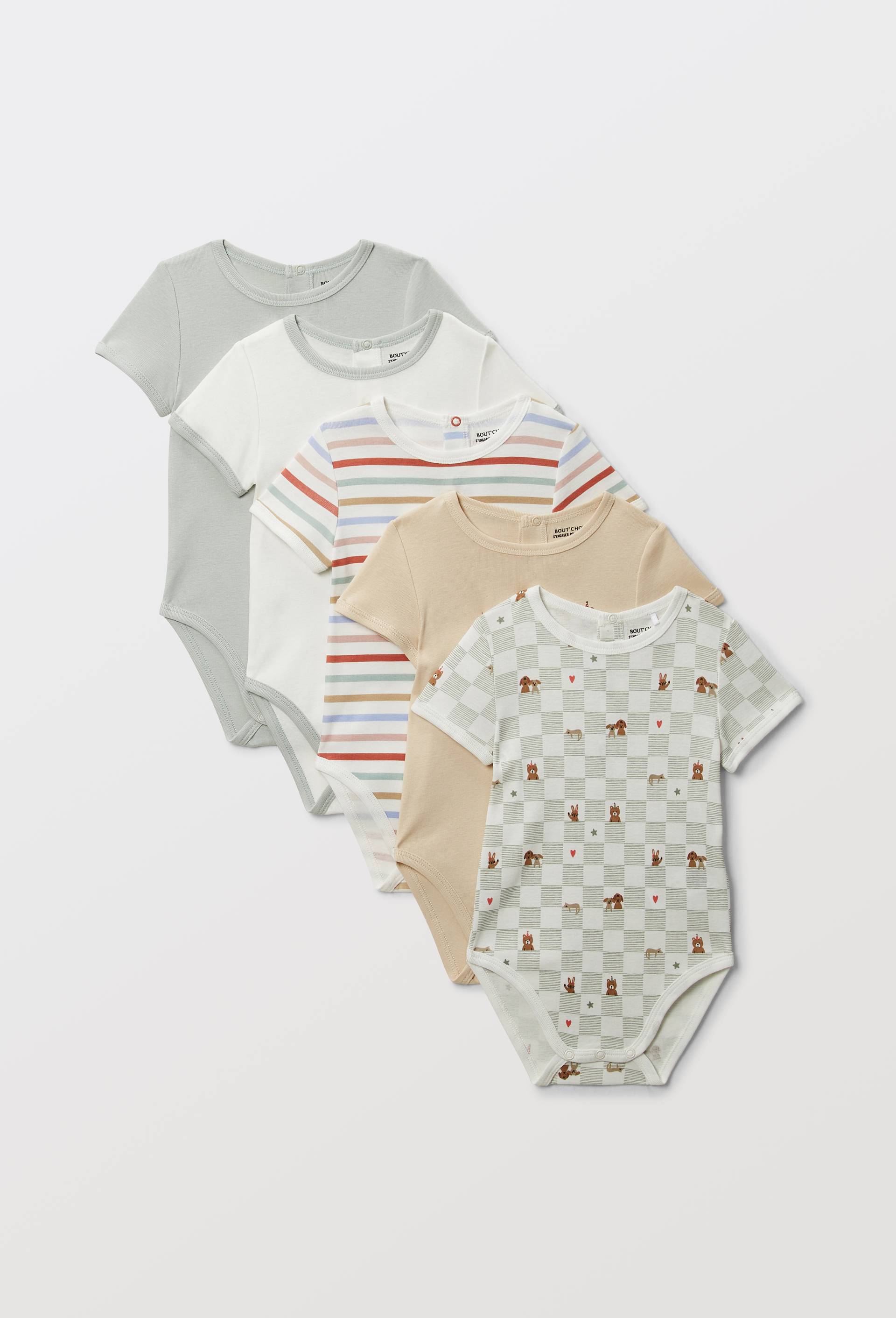 Lot de 5 bodies manches courtes imprim&eacute; en coton BIO GOTS, Ecru, large image number 0