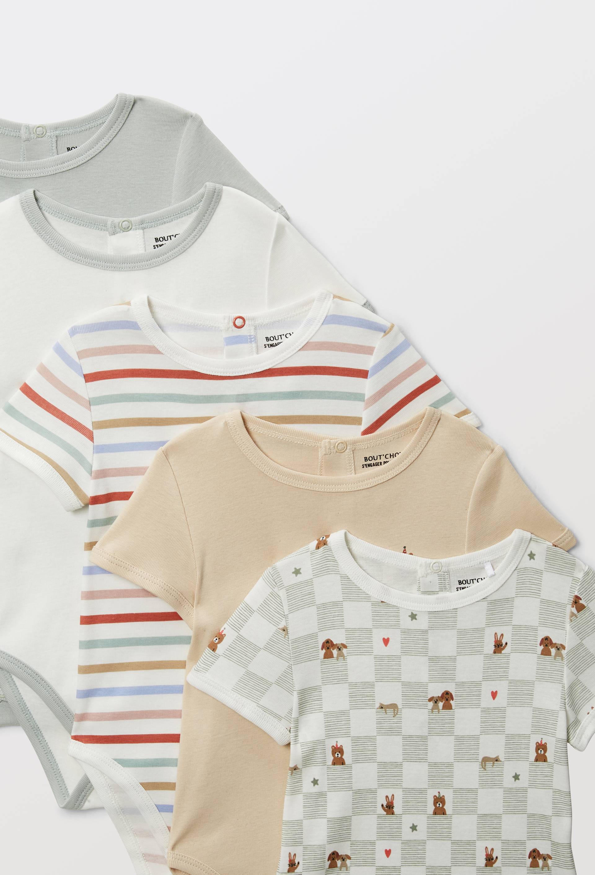 Lot de 5 bodies manches courtes imprim&eacute; en coton BIO GOTS, Ecru, large image number 2