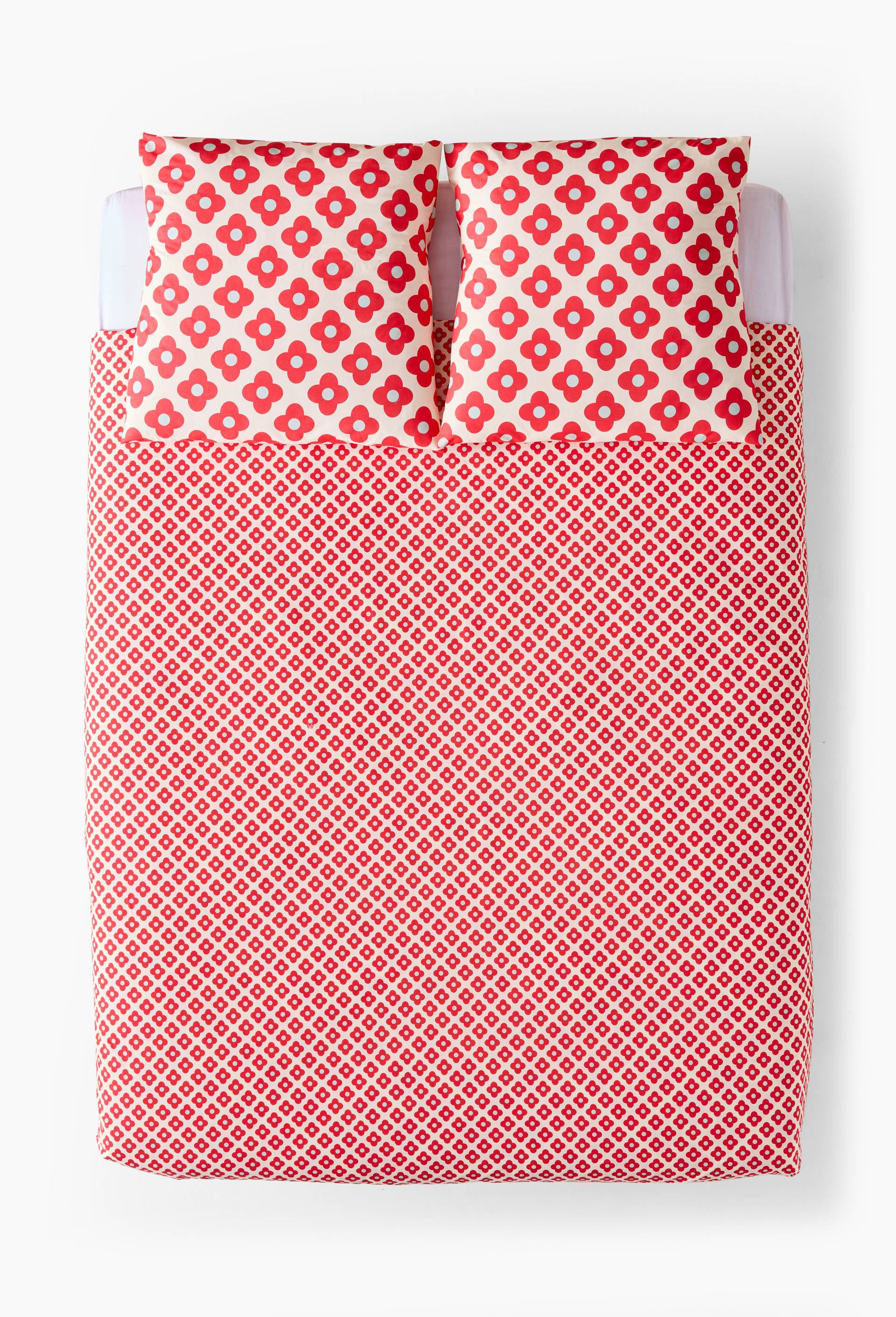 Parure de lit imprim&eacute;e, 240x220cm+2 taies 63x63cm, 100% coton 52 fils/cm2, finition boutons, GOTS, Rouge, large image number 1