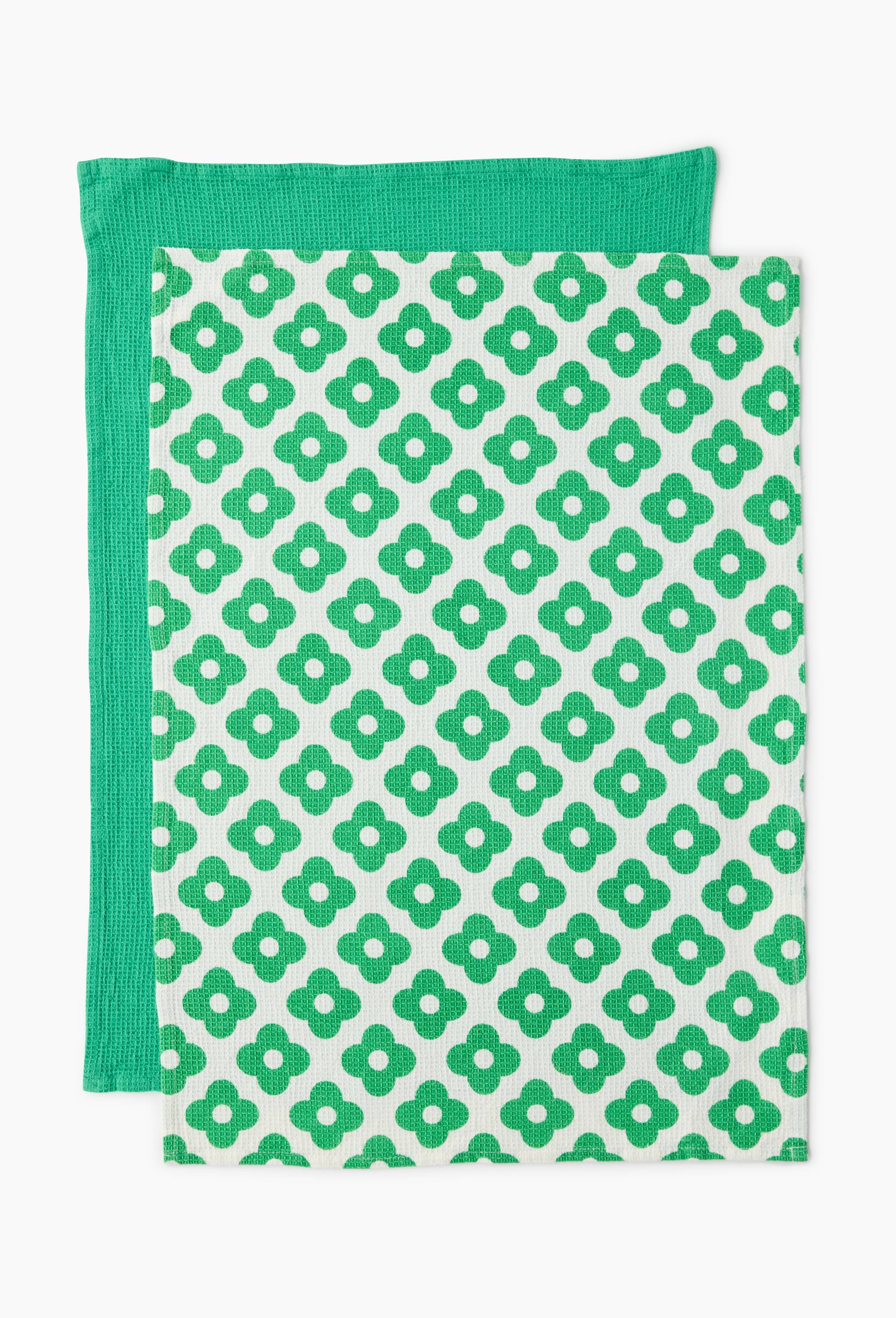 Lot de 2 torchons en nid d'abeille, 50x70cm, 100% coton, Vert, large image number 1.0