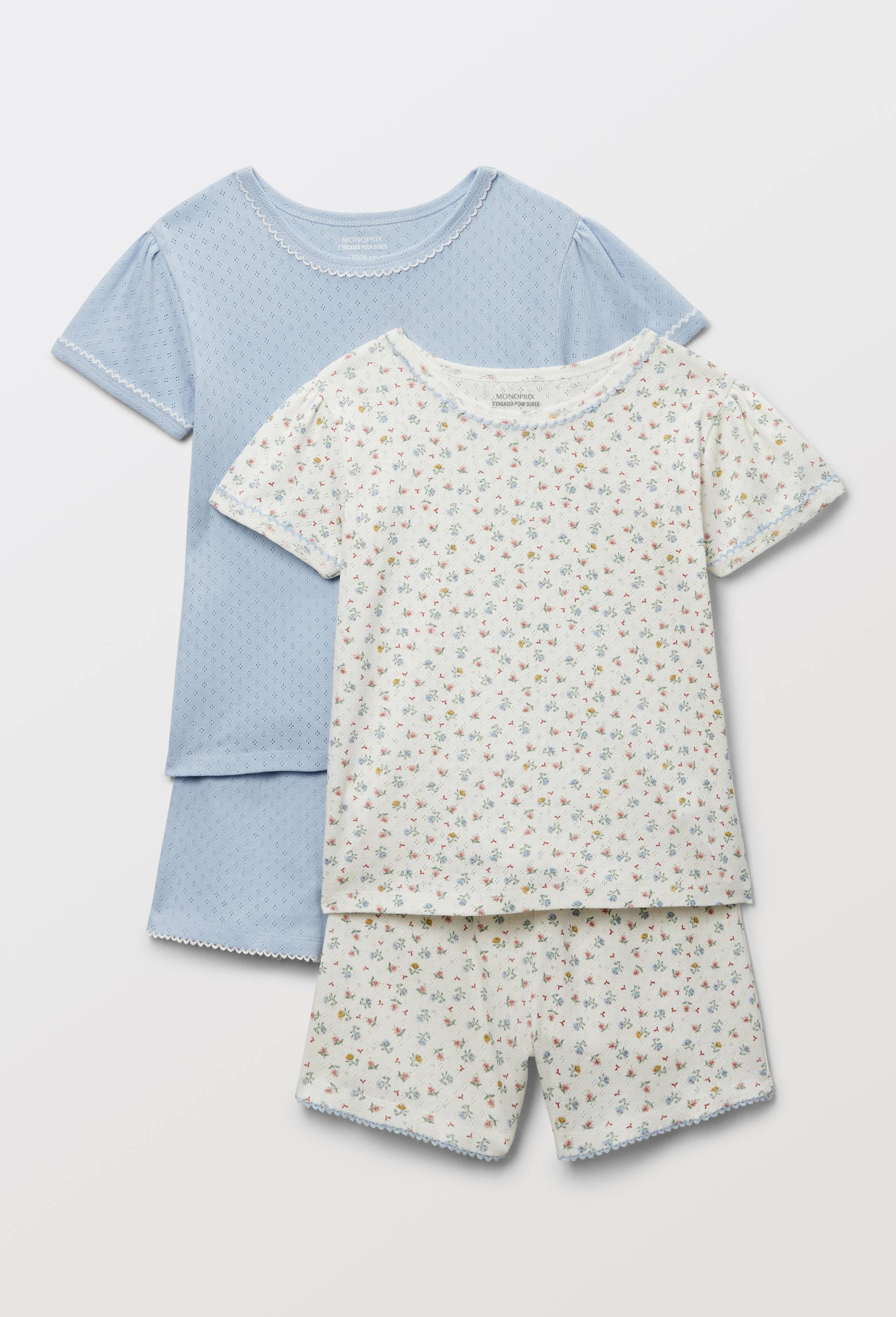 Lot de 2 pyjamas shorts en coton pointelle BIO GOTS, Bleu fonc&eacute;, large image number 2