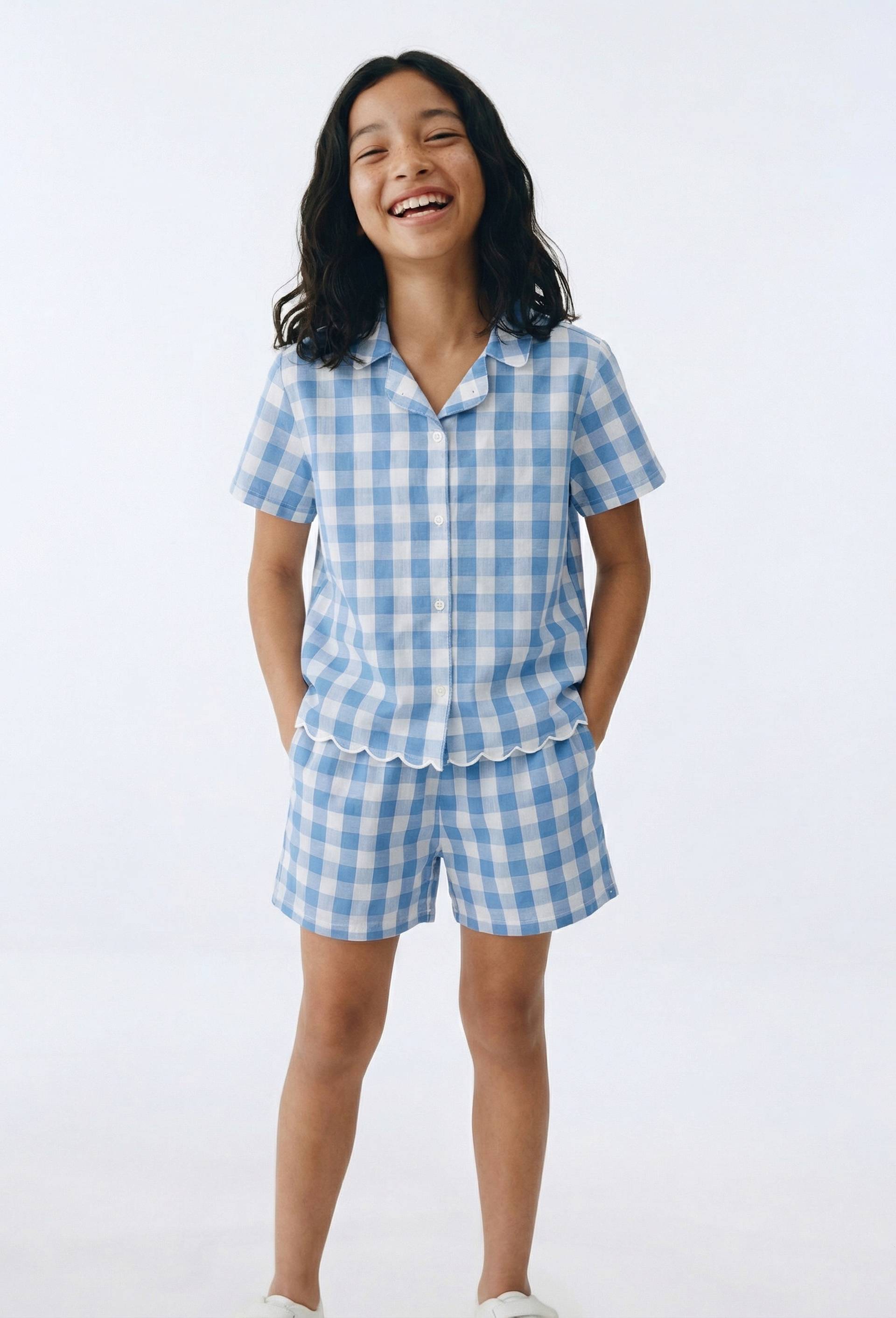 Pyjama short motif vichy en coton BIO GOTS, Bleu, large image number 0