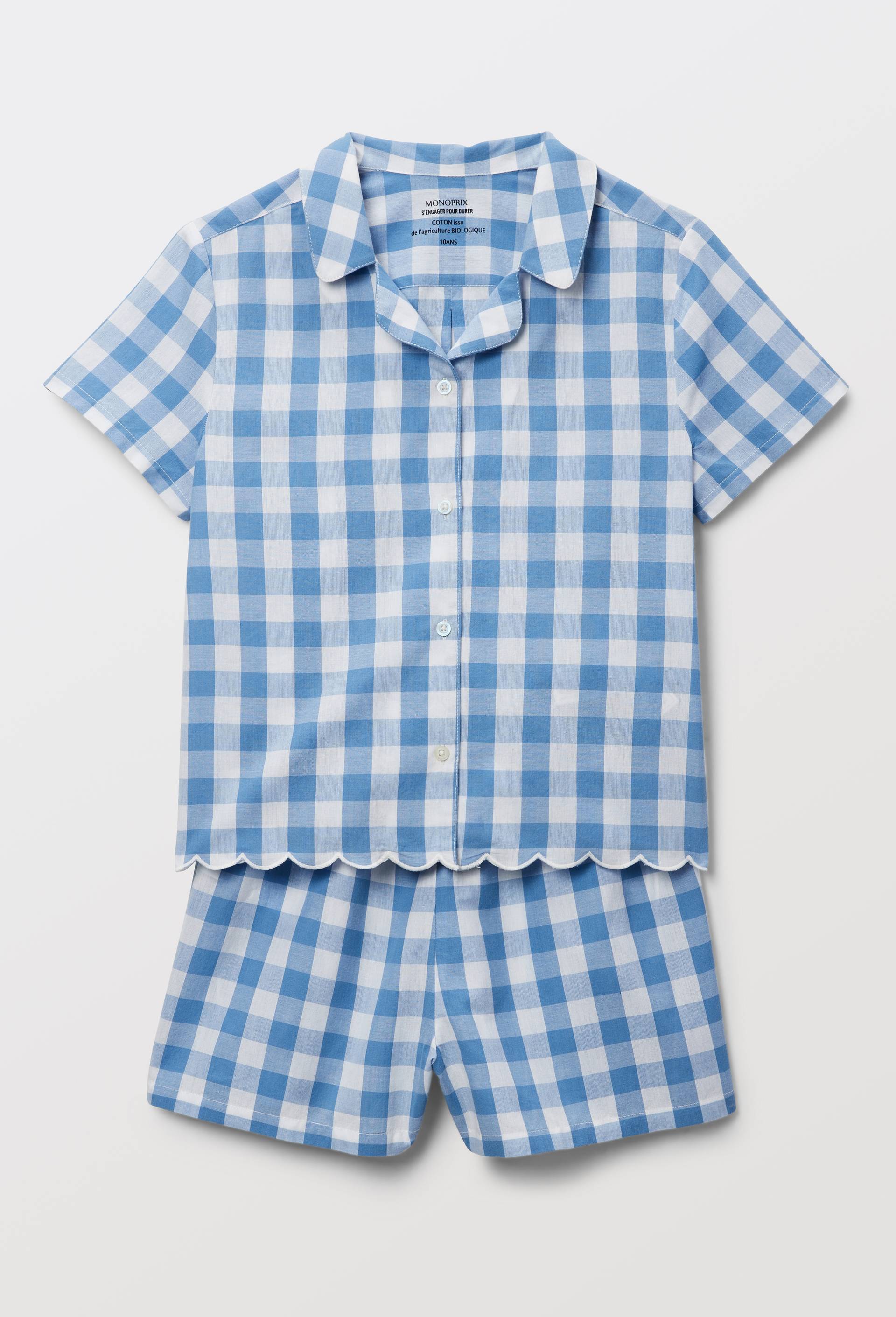 Pyjama short motif vichy en coton BIO GOTS, Bleu, large image number 1