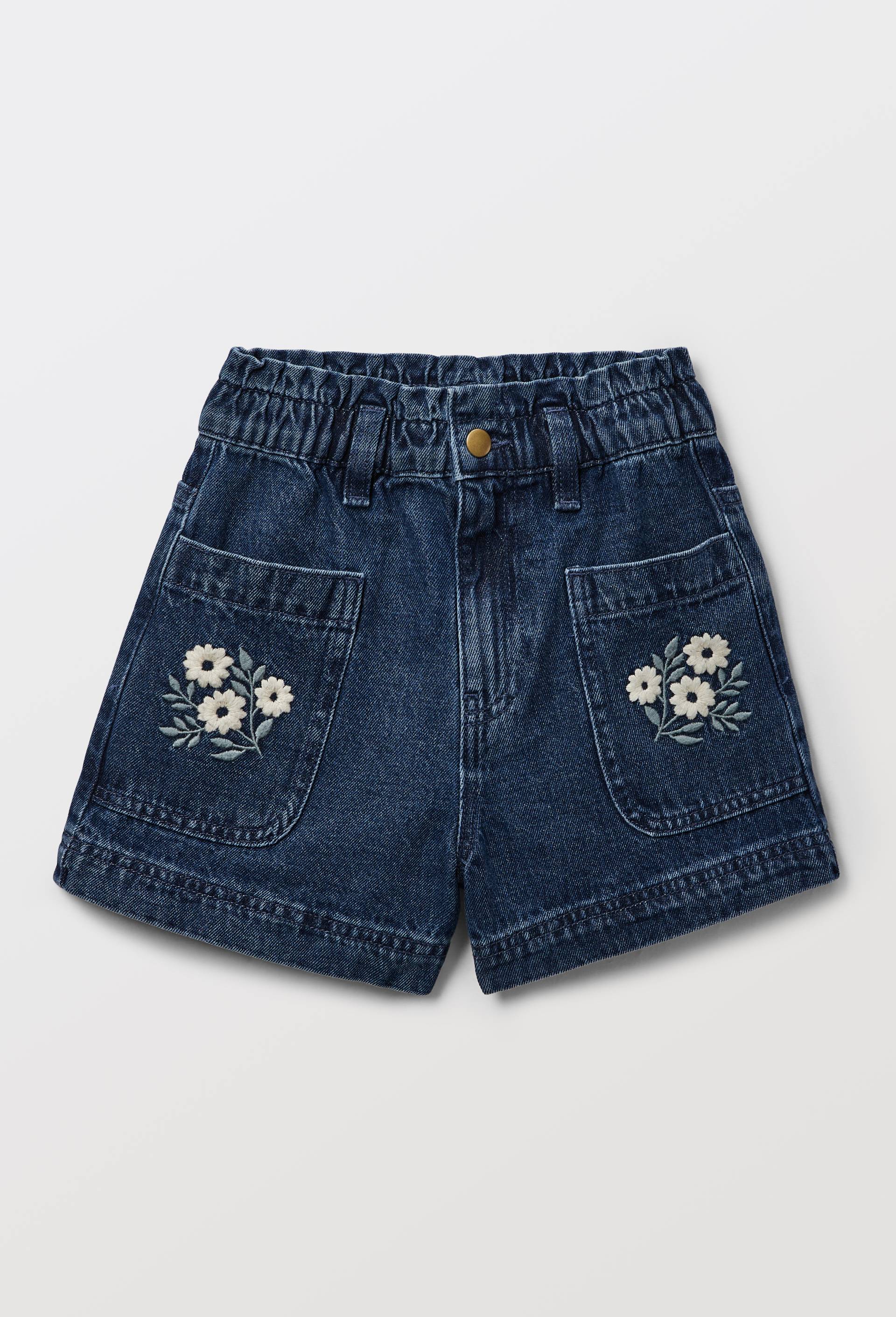 Short poches brod&eacute;es en jean, Bleu fonc&eacute;, large image number 1