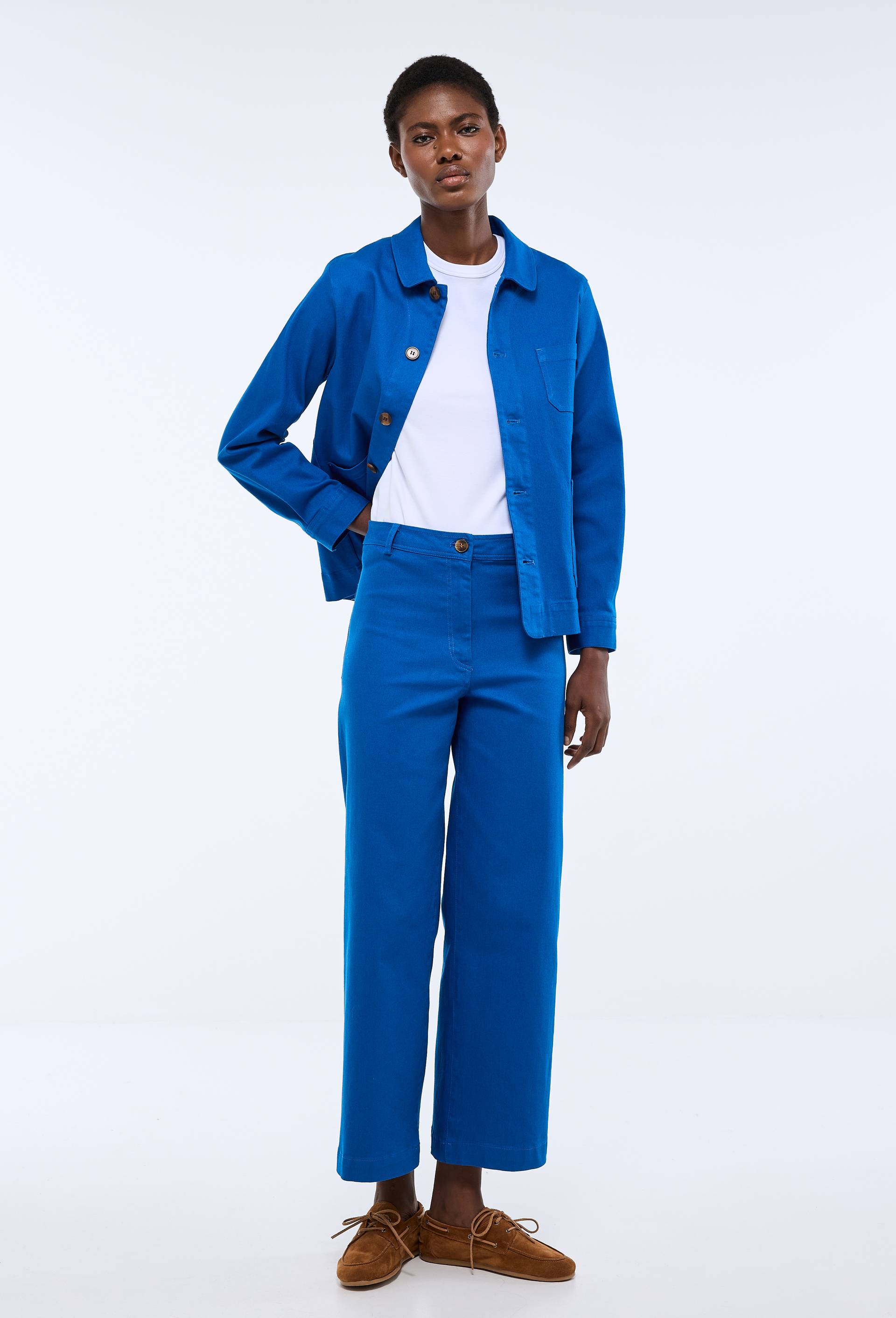 Pantalon large taille haute contenant du coton, Bleu, large image number 0