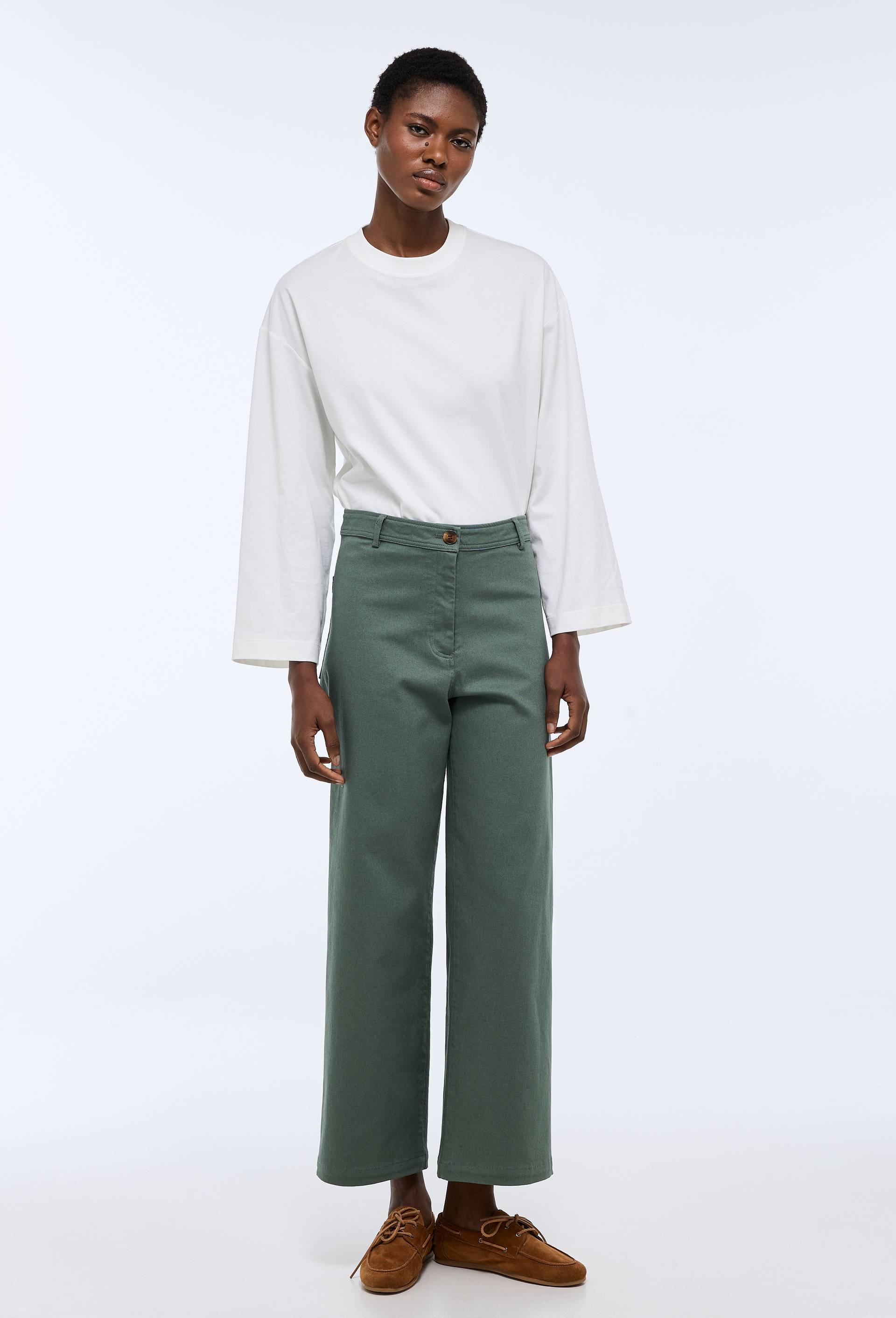 Pantalon large taille haute contenant du coton, Vert, large image number 0