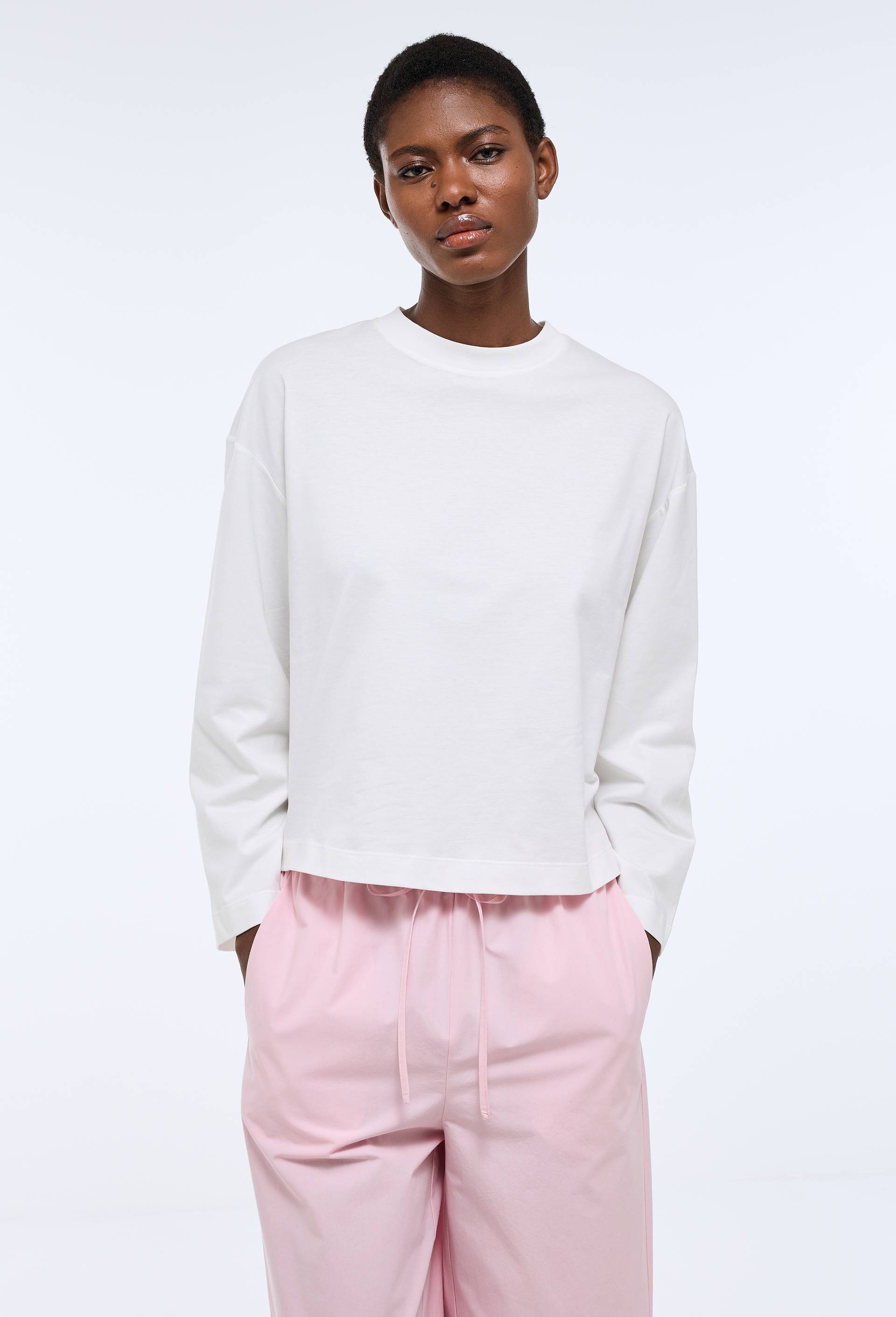 T-shirt &agrave; manches longue uni en coton BIO GOTS, Ecru, swatch image