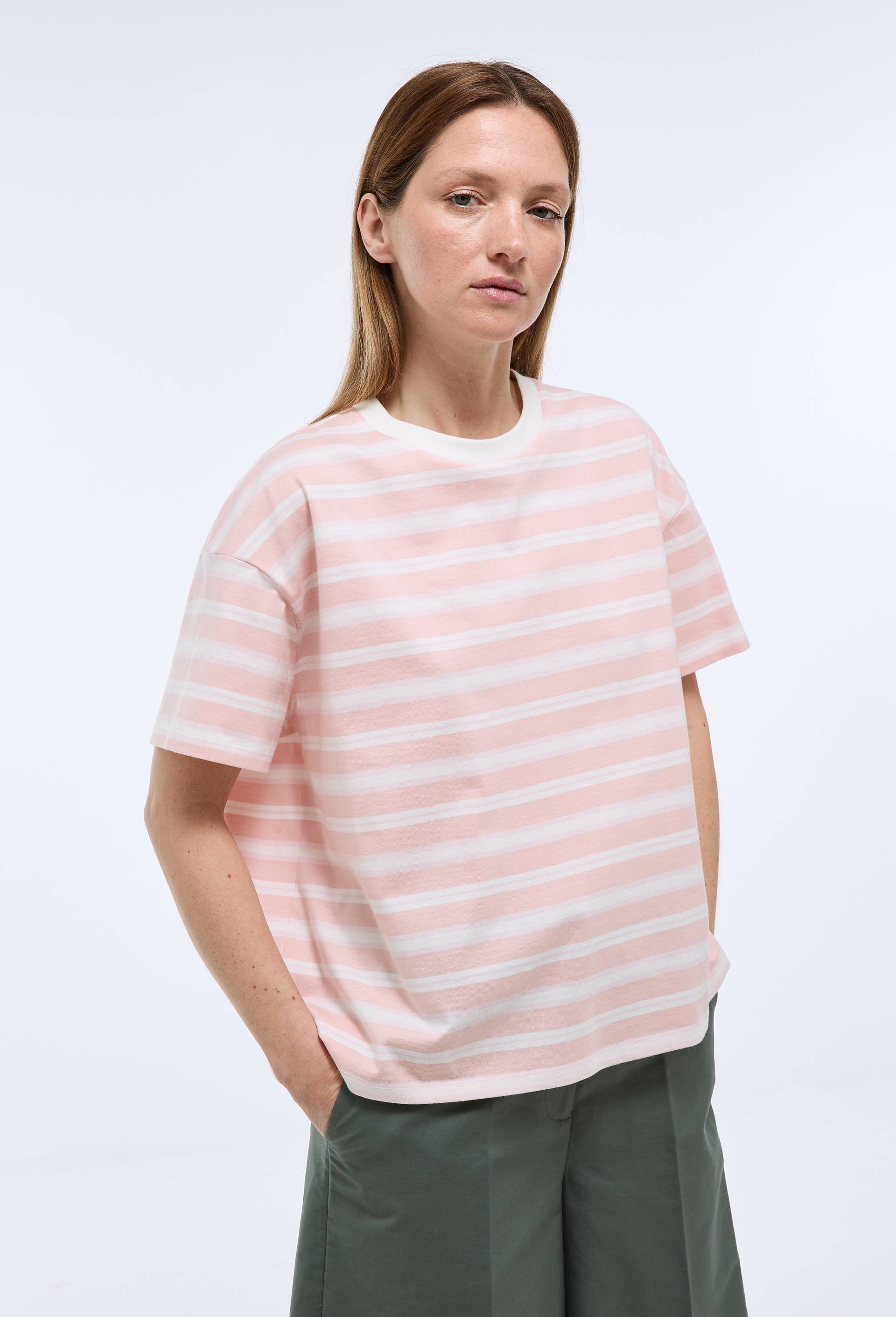 T-shirt manches courtes ray&eacute; en coton BIO GOTS, Rose clair, large image number 1