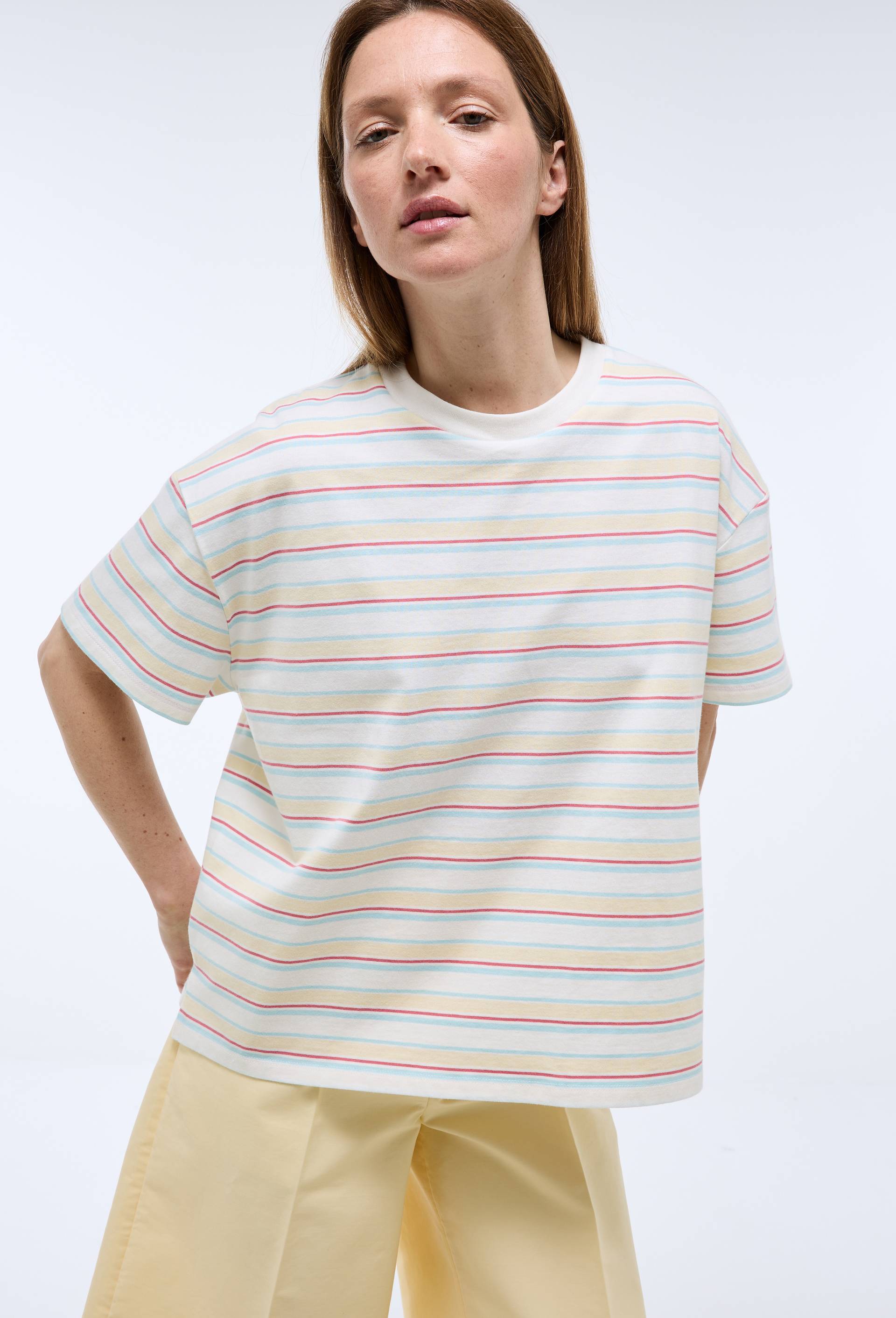 T-shirt manches courtes ray&eacute; en coton BIO GOTS, Jaune clair, large image number 0