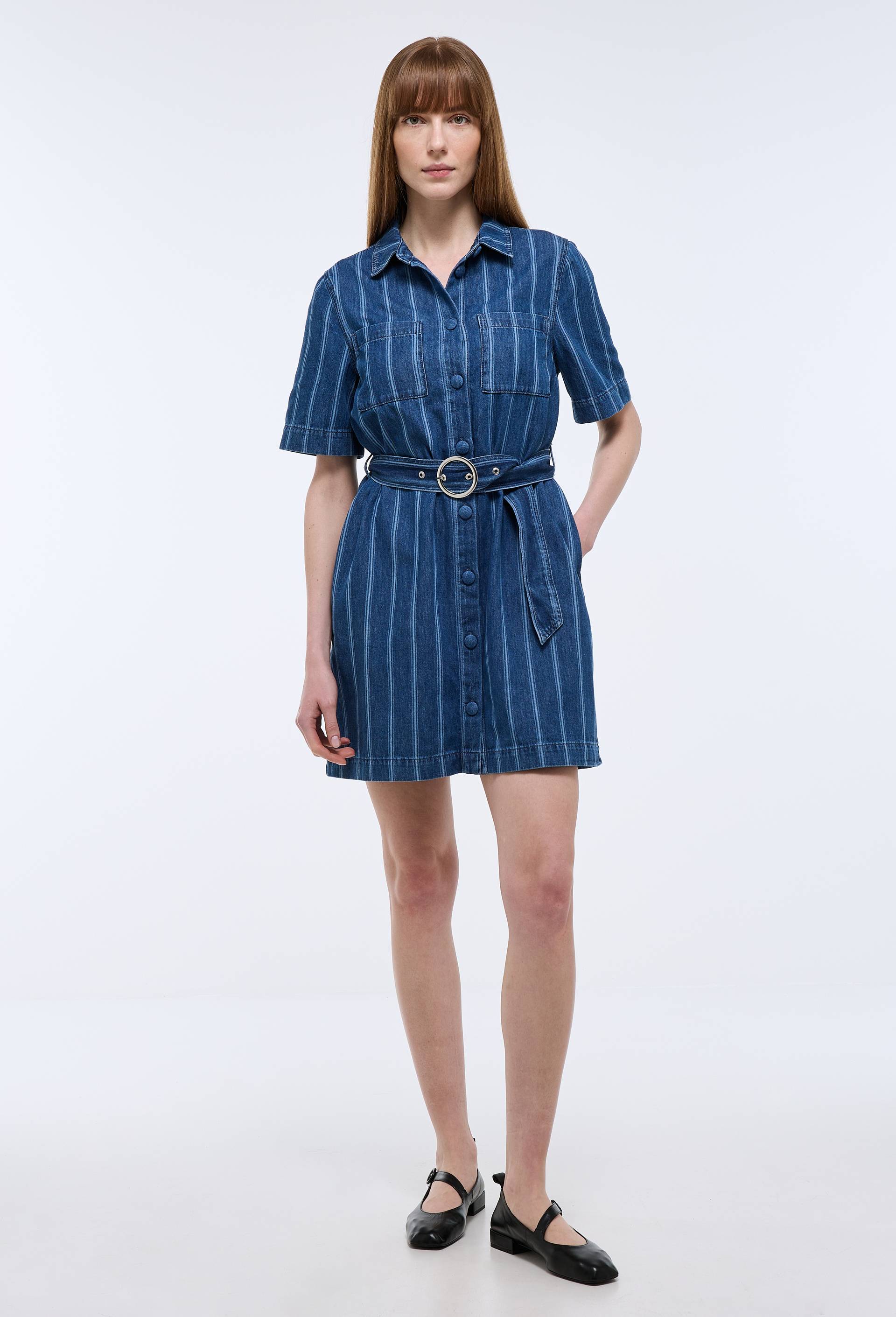 Robe courte cintr&eacute;e en jean, Bleu fonc&eacute;, large image number 0.0