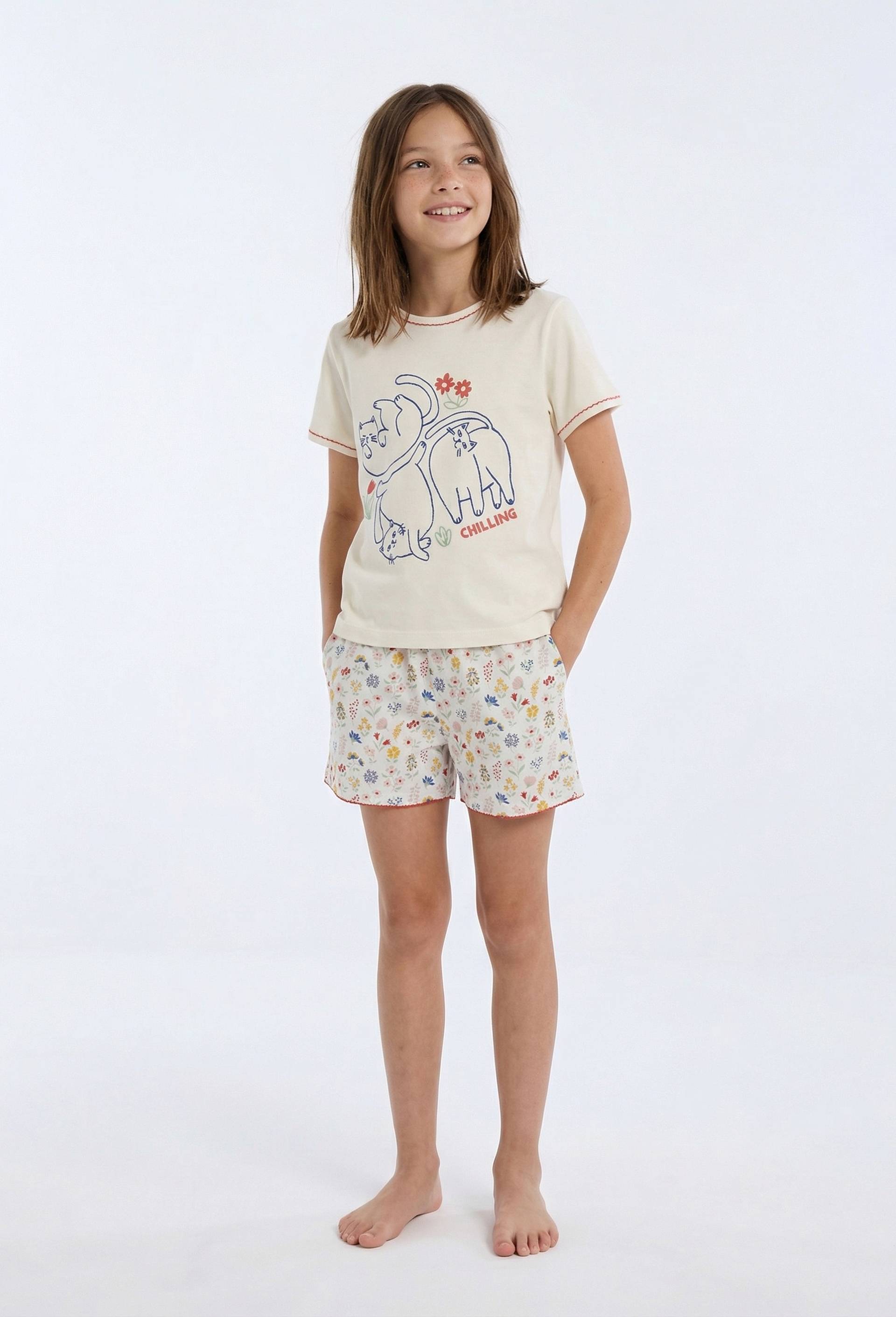 Pyjama manches courtes imprim&eacute; en coton BIO GOTS, Beige clair, large image number 0