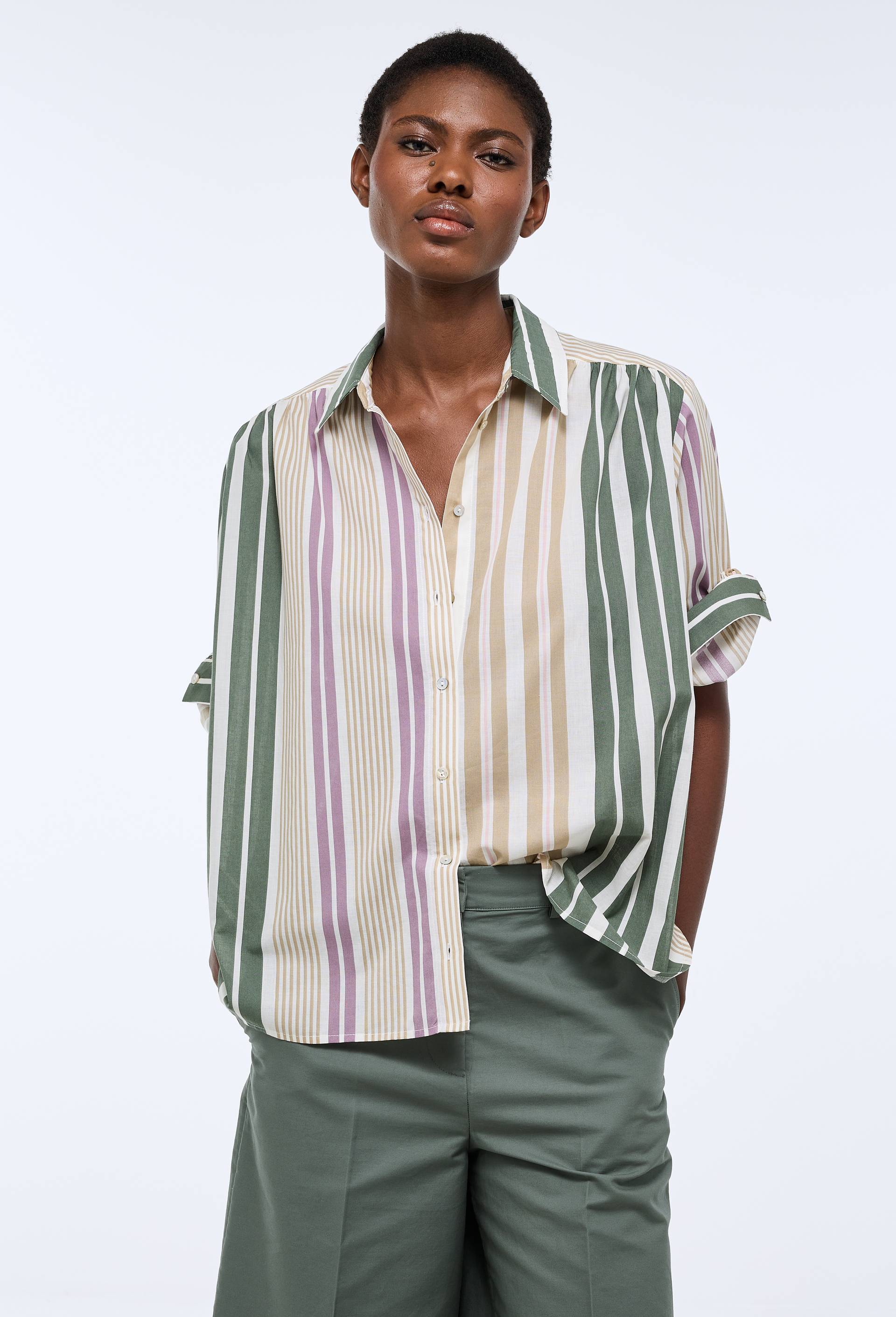 Chemise manches longues ray&eacute;e en coton BIO GOTS, Vert, large image number 0