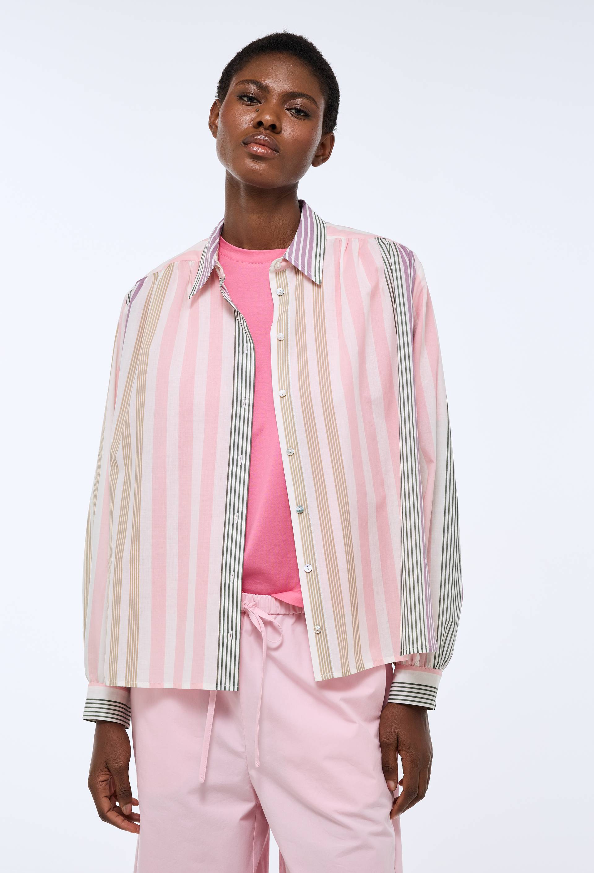 Chemise manches longues ray&eacute;e en coton BIO GOTS, Rose clair, large image number 0.0