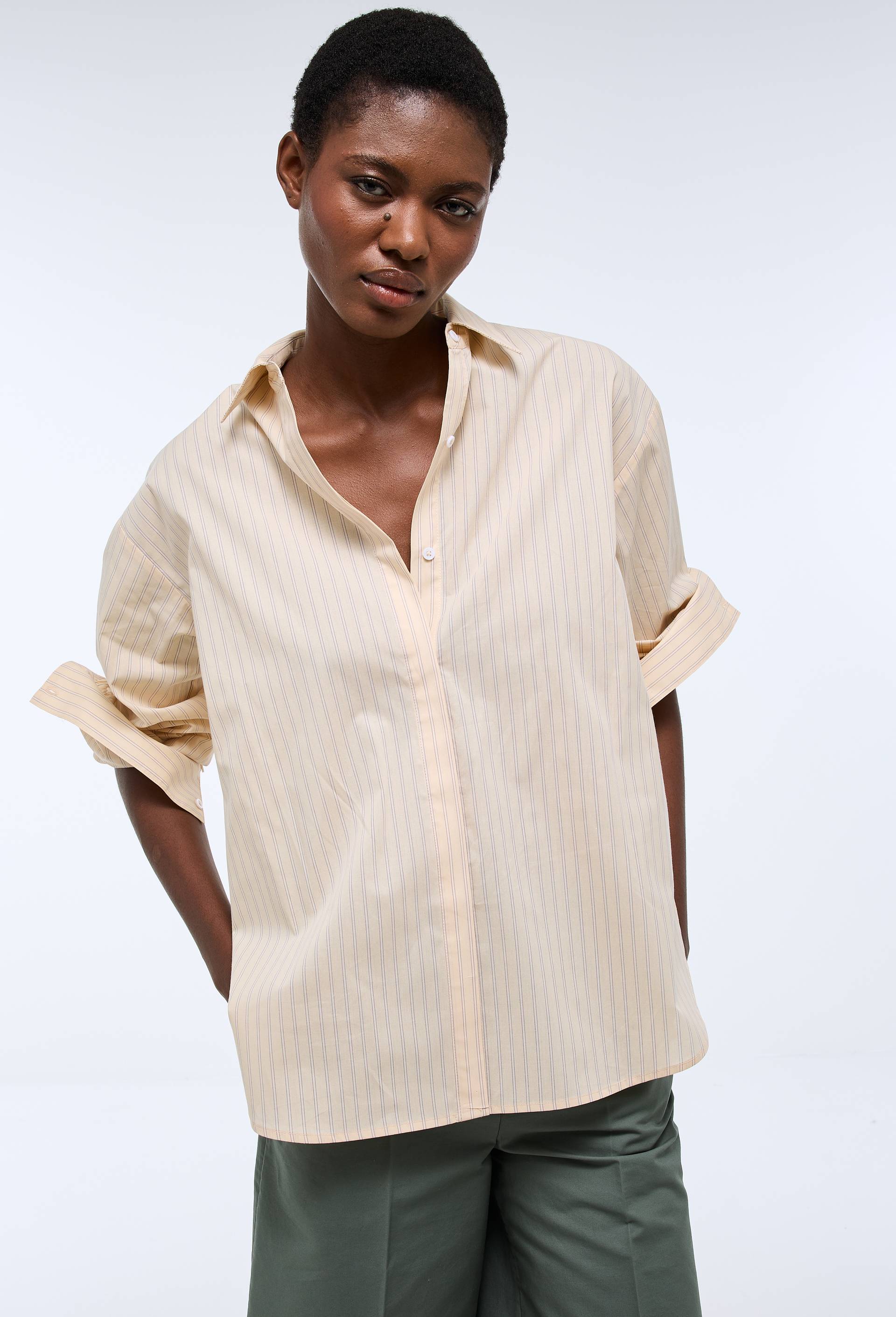 Chemise manches longues ray&eacute;e d&eacute;tails smock dos en coton BIO GOTS, Jaune clair, large image number 4