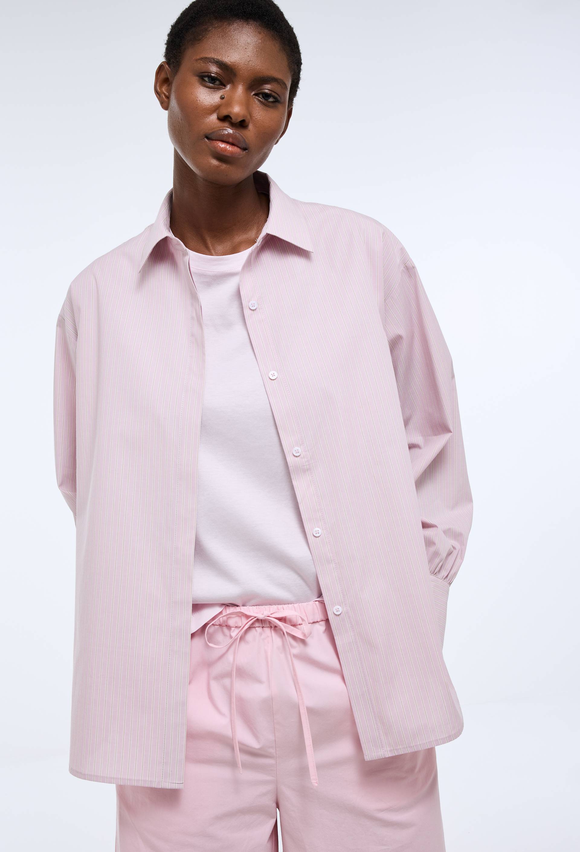 Chemise manches longues ray&eacute;e d&eacute;tails smock dos en coton BIO GOTS, Rose clair, large image number 0