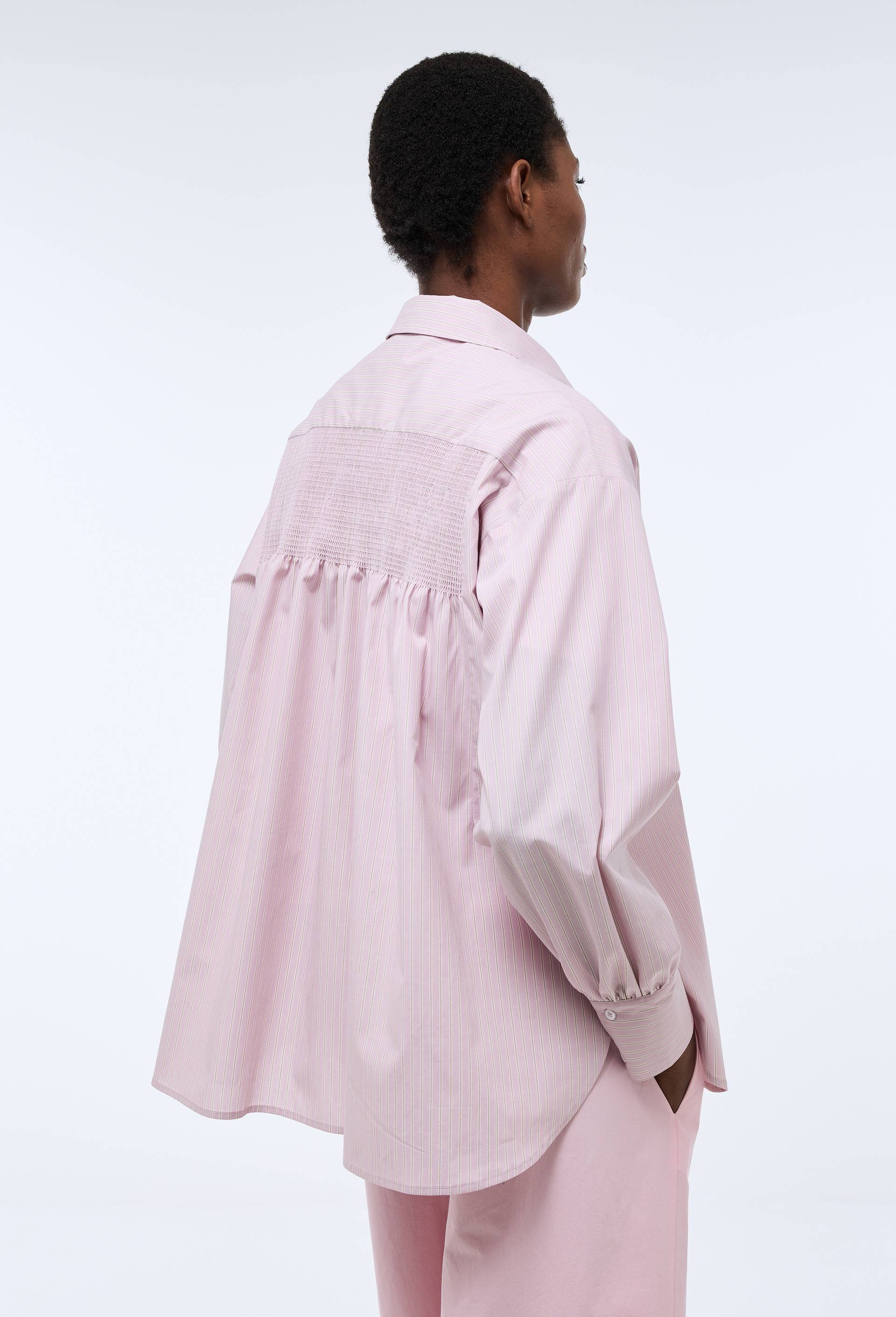 Chemise manches longues ray&eacute;e d&eacute;tails smock dos en coton BIO GOTS, Rose clair, large image number 1