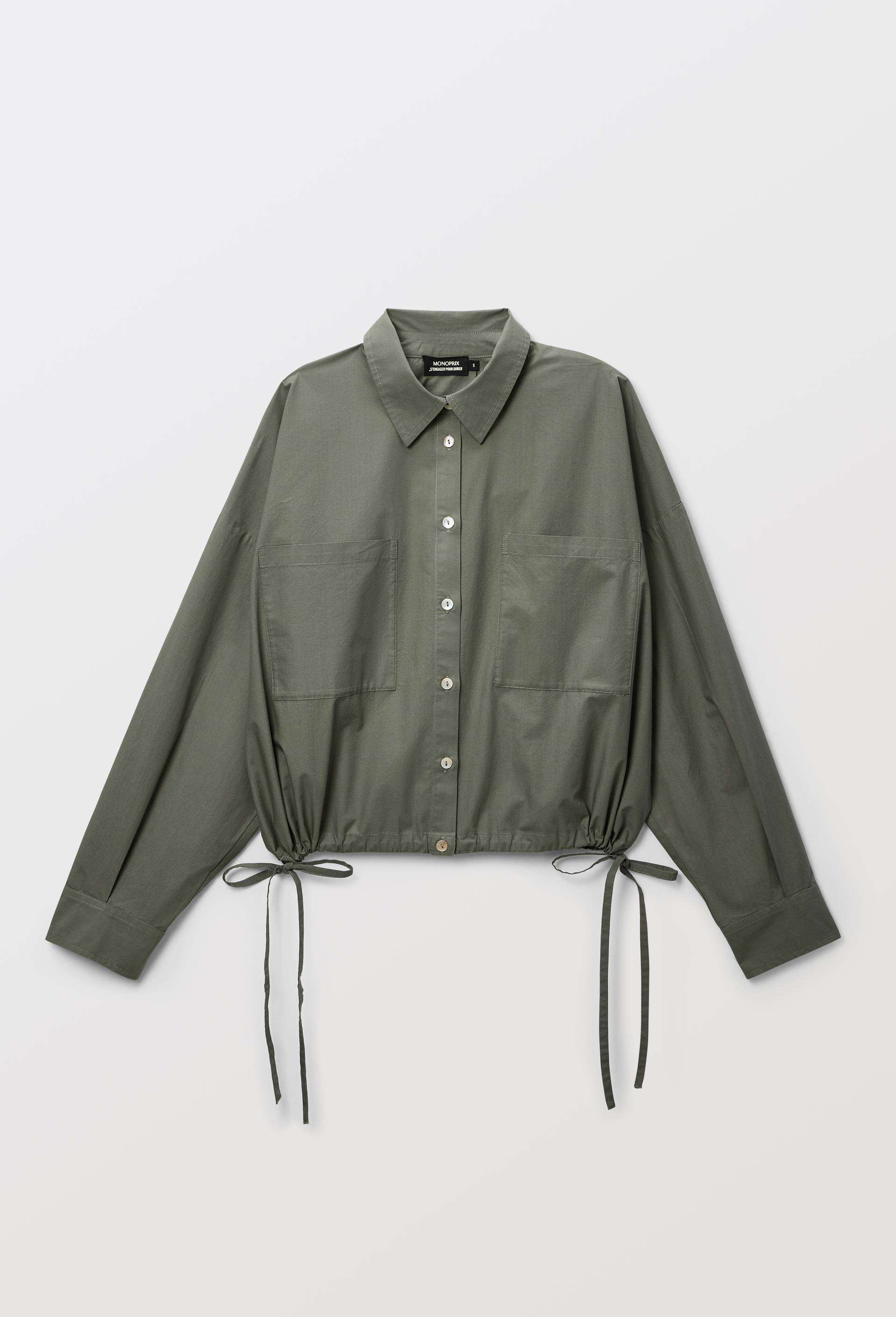 Chemise courte cintr&eacute;e avec coulisses, manches longues contenant du coton, Vert, large image number 4.0