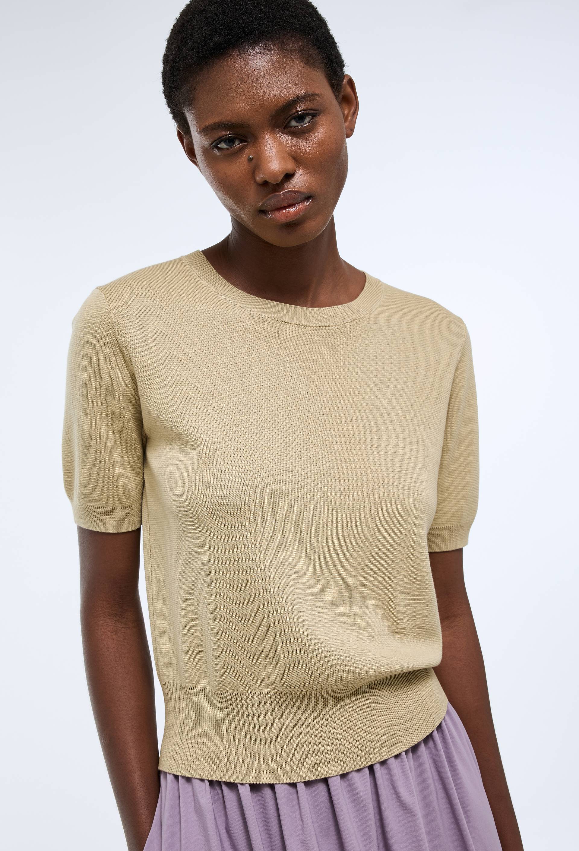 Pull manches courtes uni, Beige, swatch image