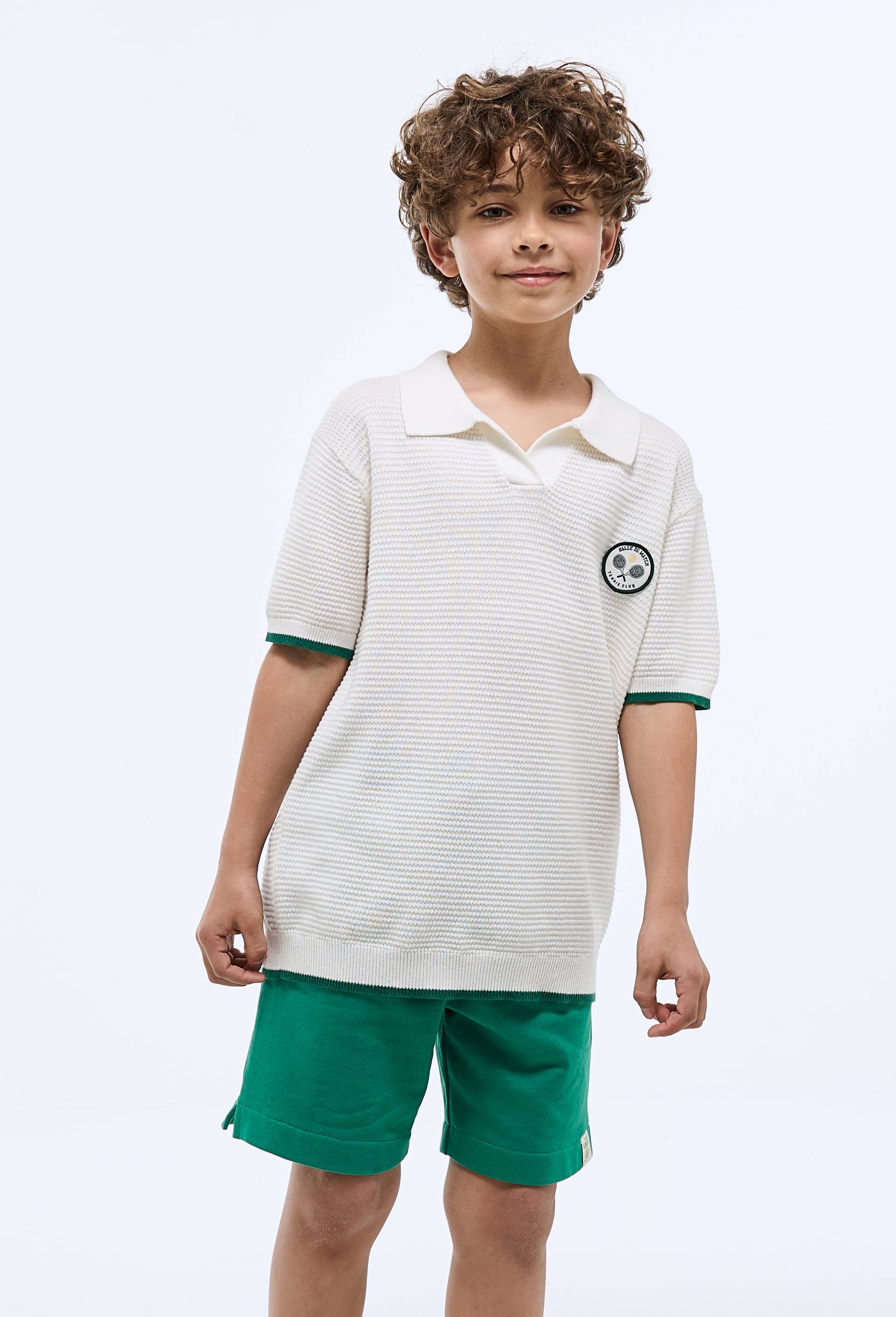 Tee-shirt polo manches courtes en maille uni avec patch en coton, Ecru, large image number 0