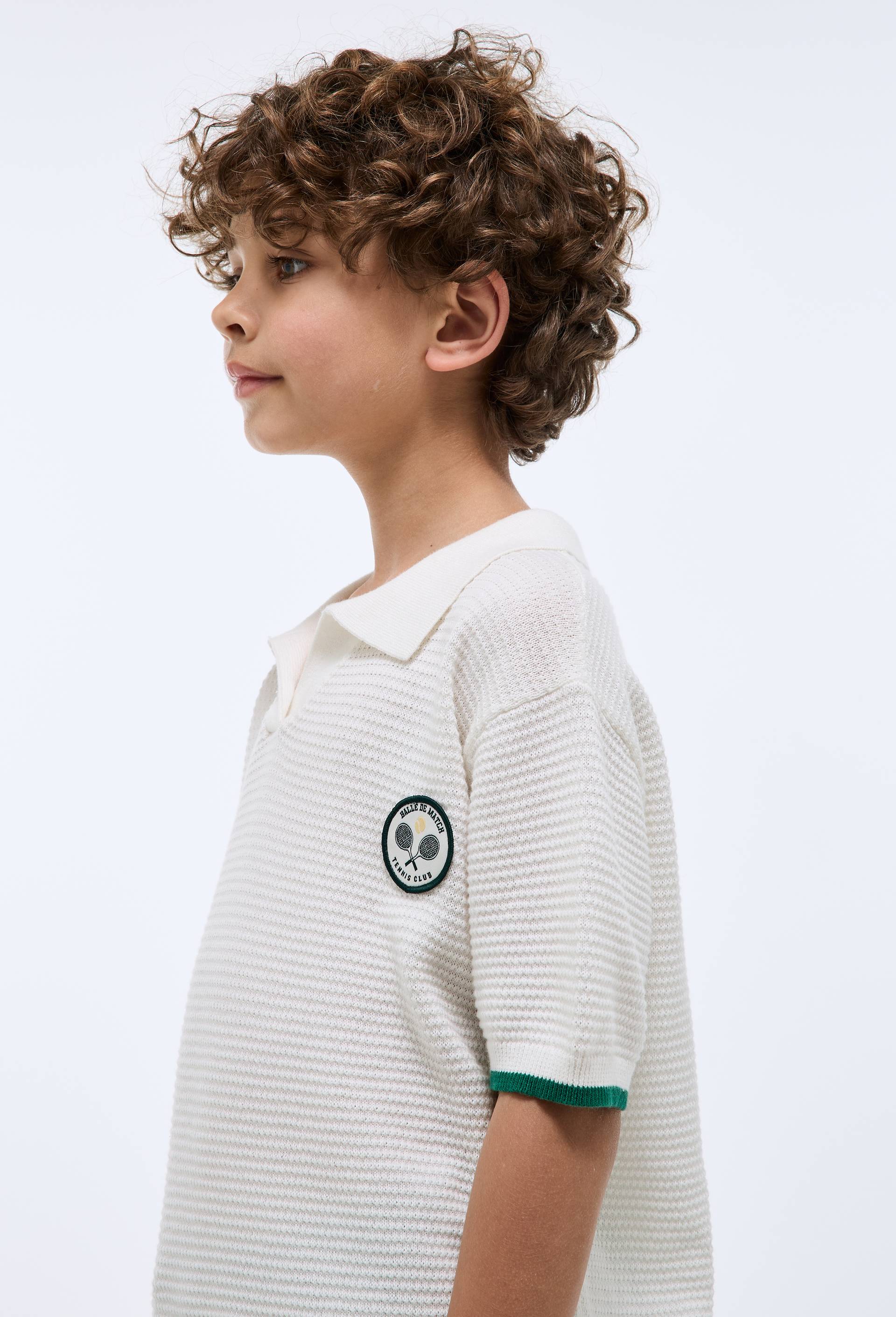Tee-shirt polo manches courtes en maille uni avec patch en coton, Ecru, large image number 1