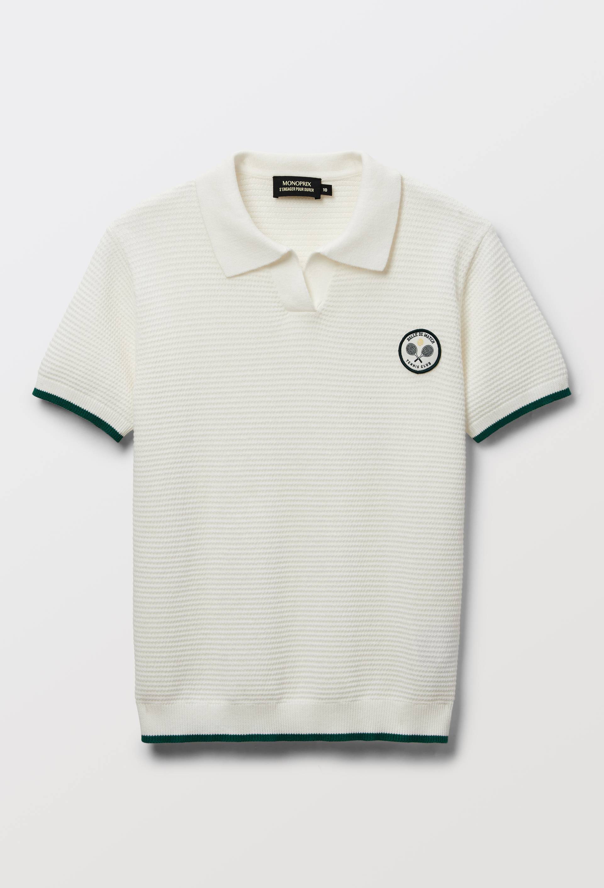 Tee-shirt polo manches courtes en maille uni avec patch en coton, Ecru, large image number 2