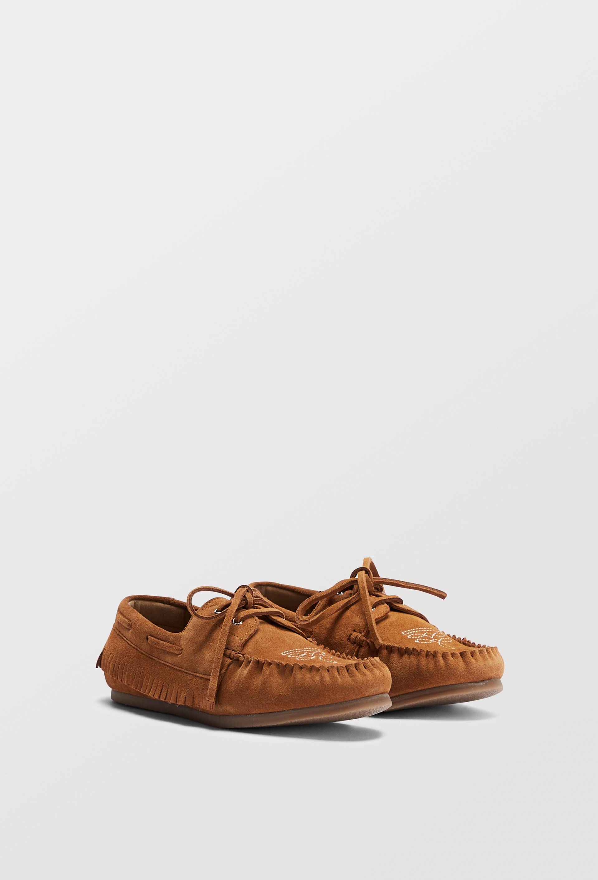 Mocassin &agrave; franges en cuir, Brun clair, large