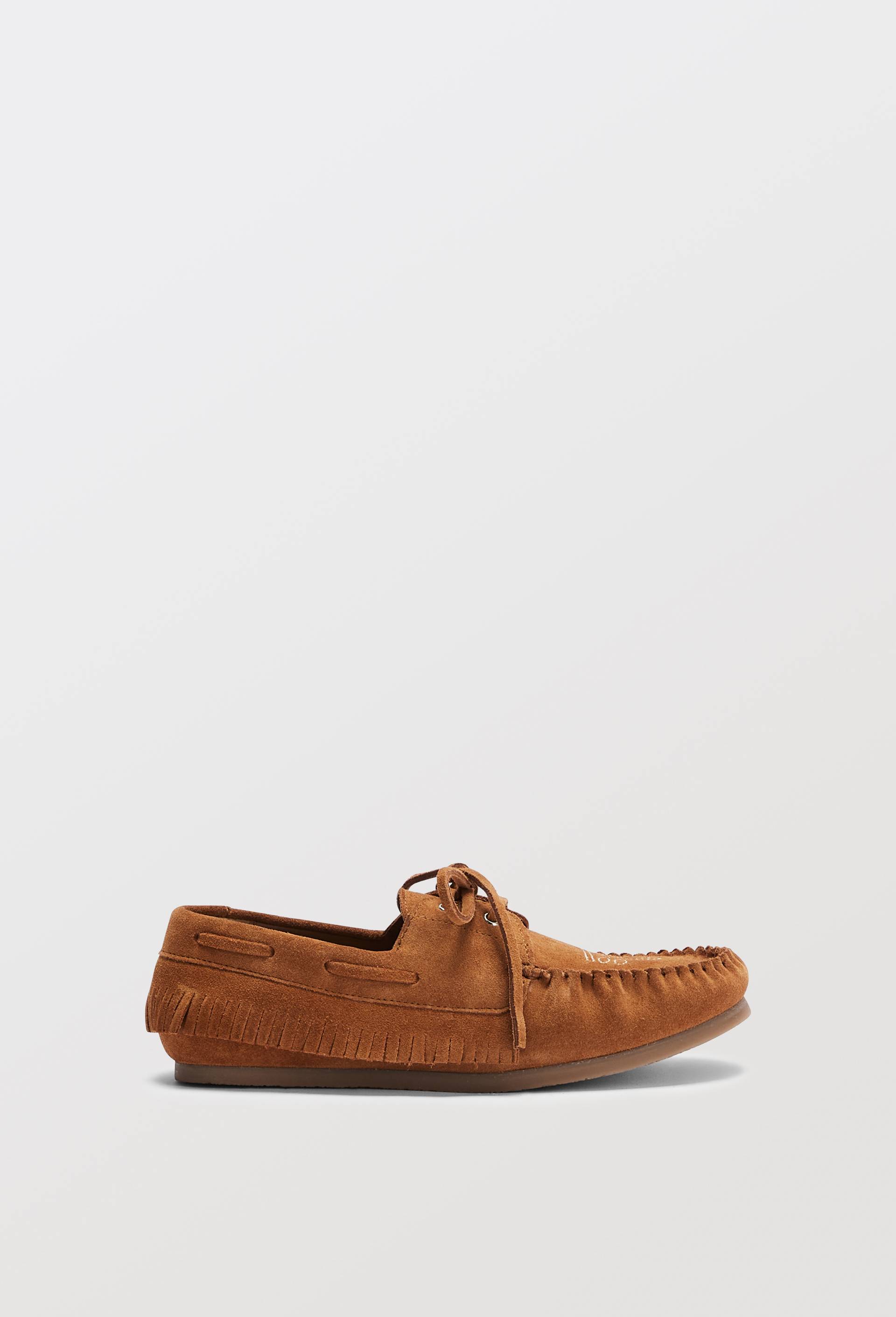 Mocassin &agrave; franges en cuir, Brun clair, large