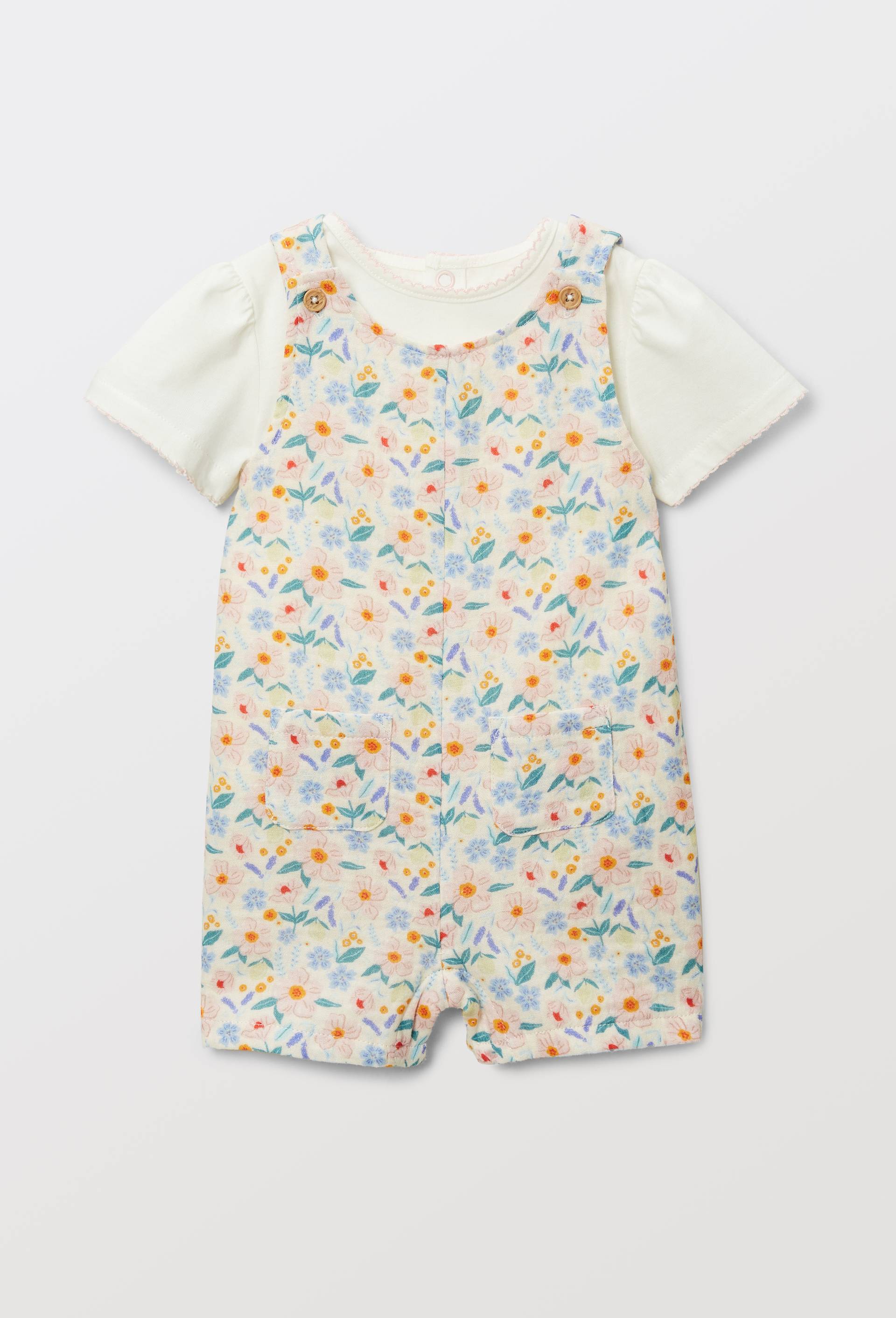 Ensemble t-shirt en jersey et salopette imprim&eacute;e en gaze de coton BIO, Beige clair, large image number 0