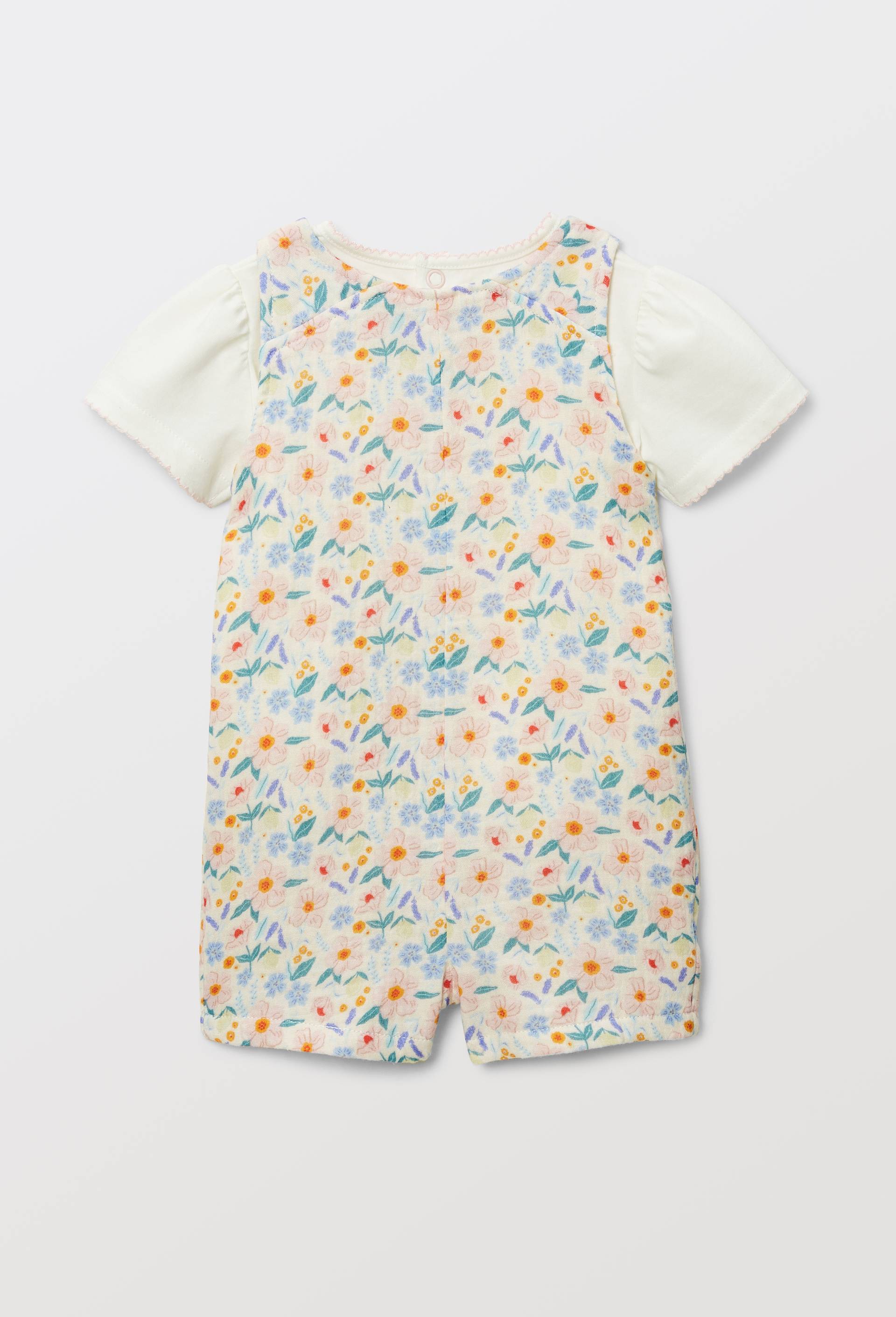 Ensemble t-shirt en jersey et salopette imprim&eacute;e en gaze de coton BIO, Beige clair, large image number 1