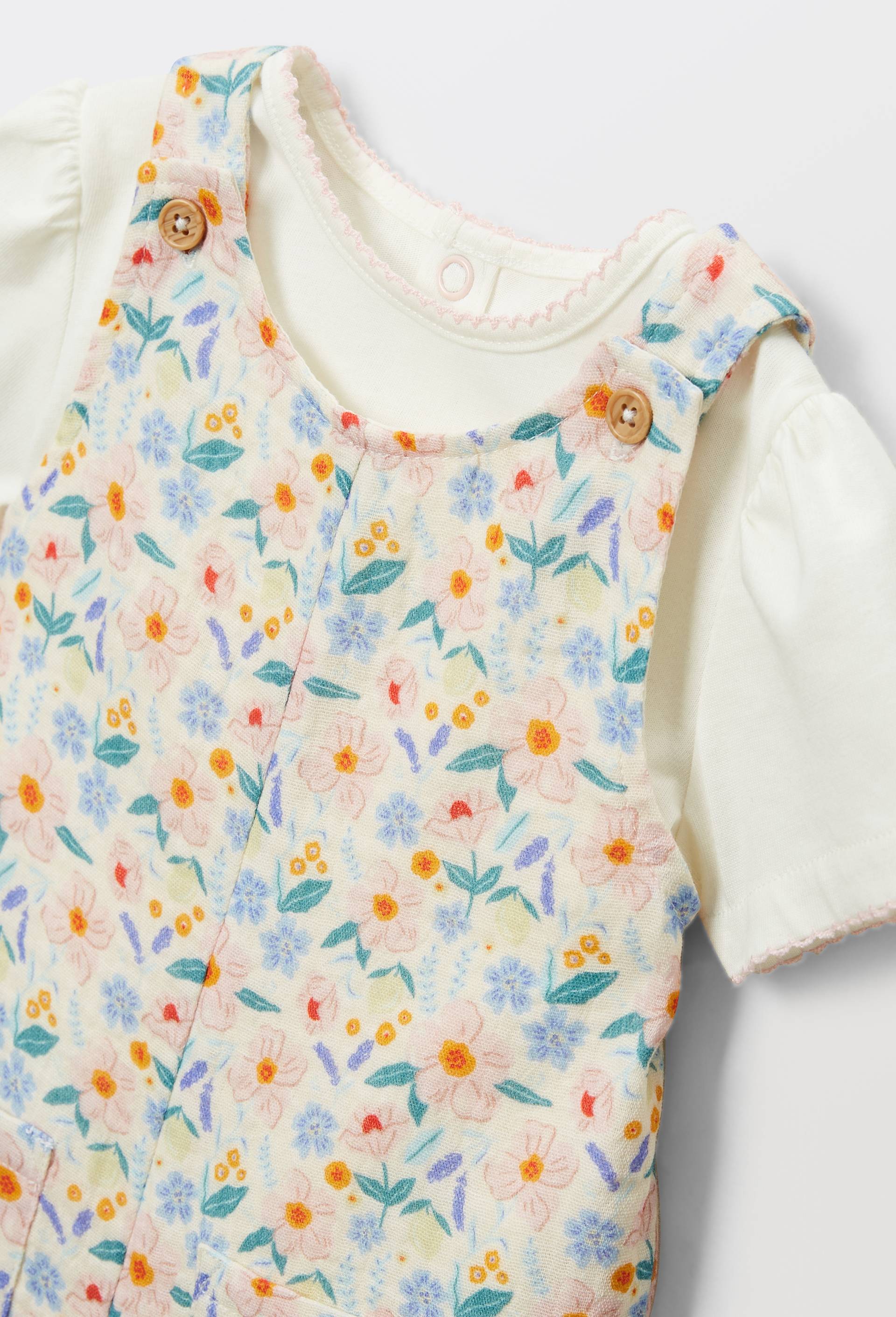 Ensemble t-shirt en jersey et salopette imprim&eacute;e en gaze de coton BIO, Beige clair, large image number 2
