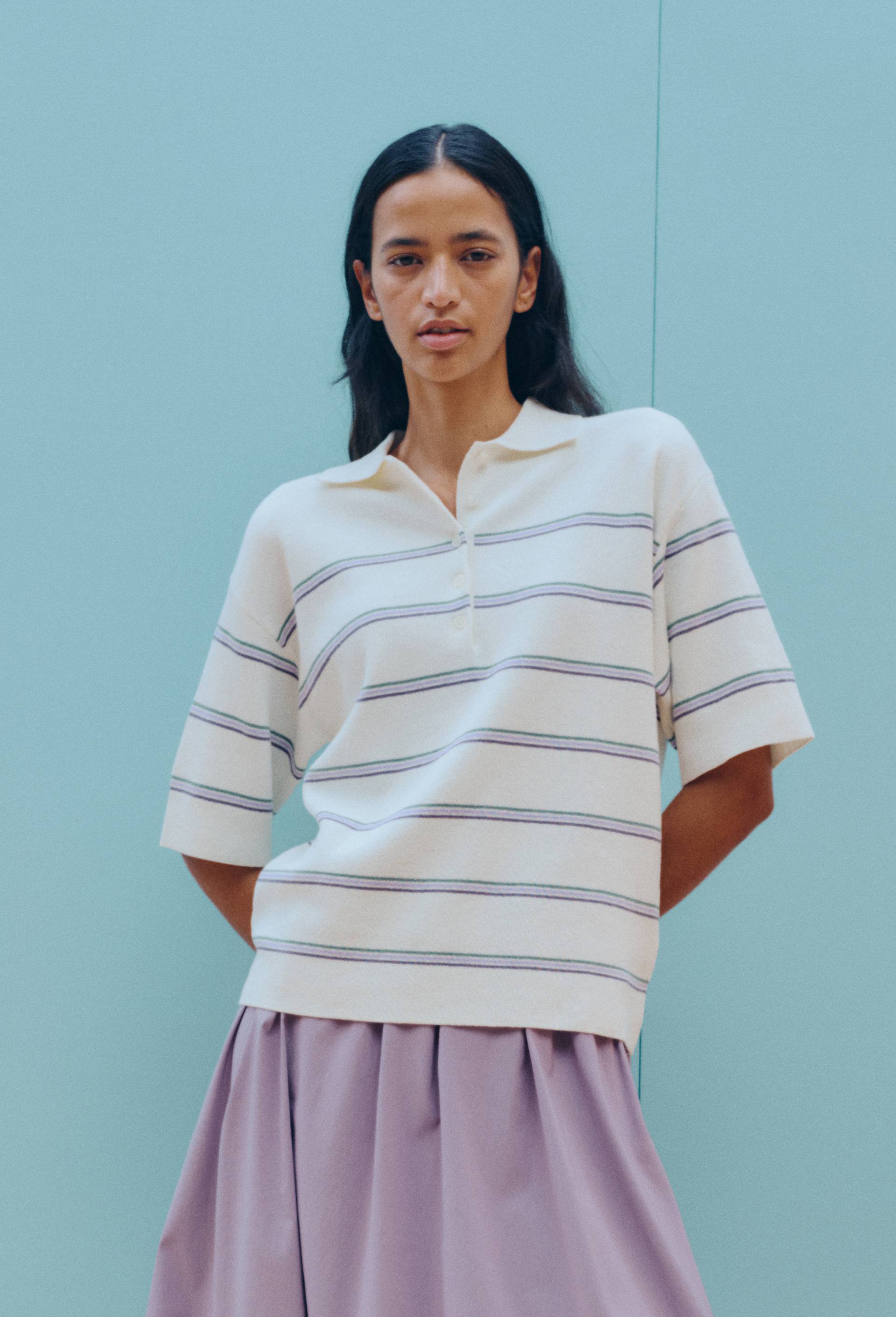 Polo long ray&eacute; en coton lin, Ecru, large image number 0.0