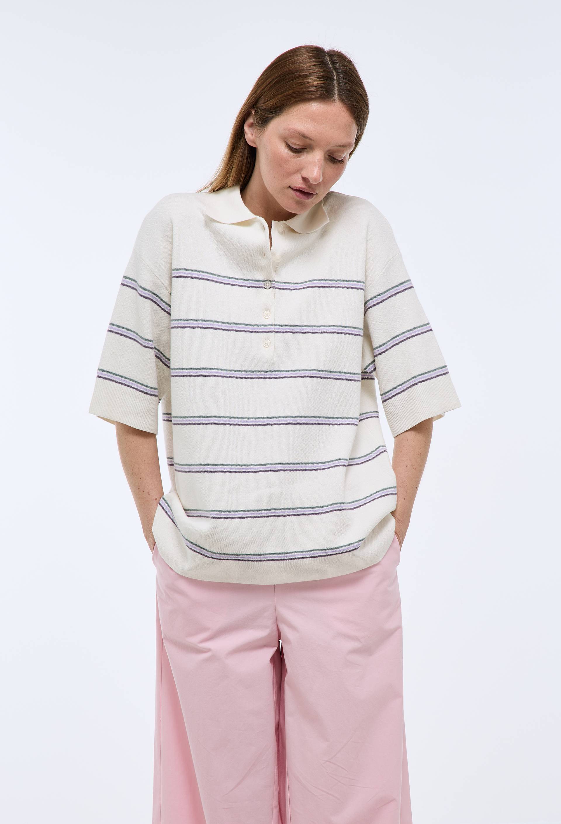 Polo long ray&eacute; en coton lin, Ecru, large image number 1.0