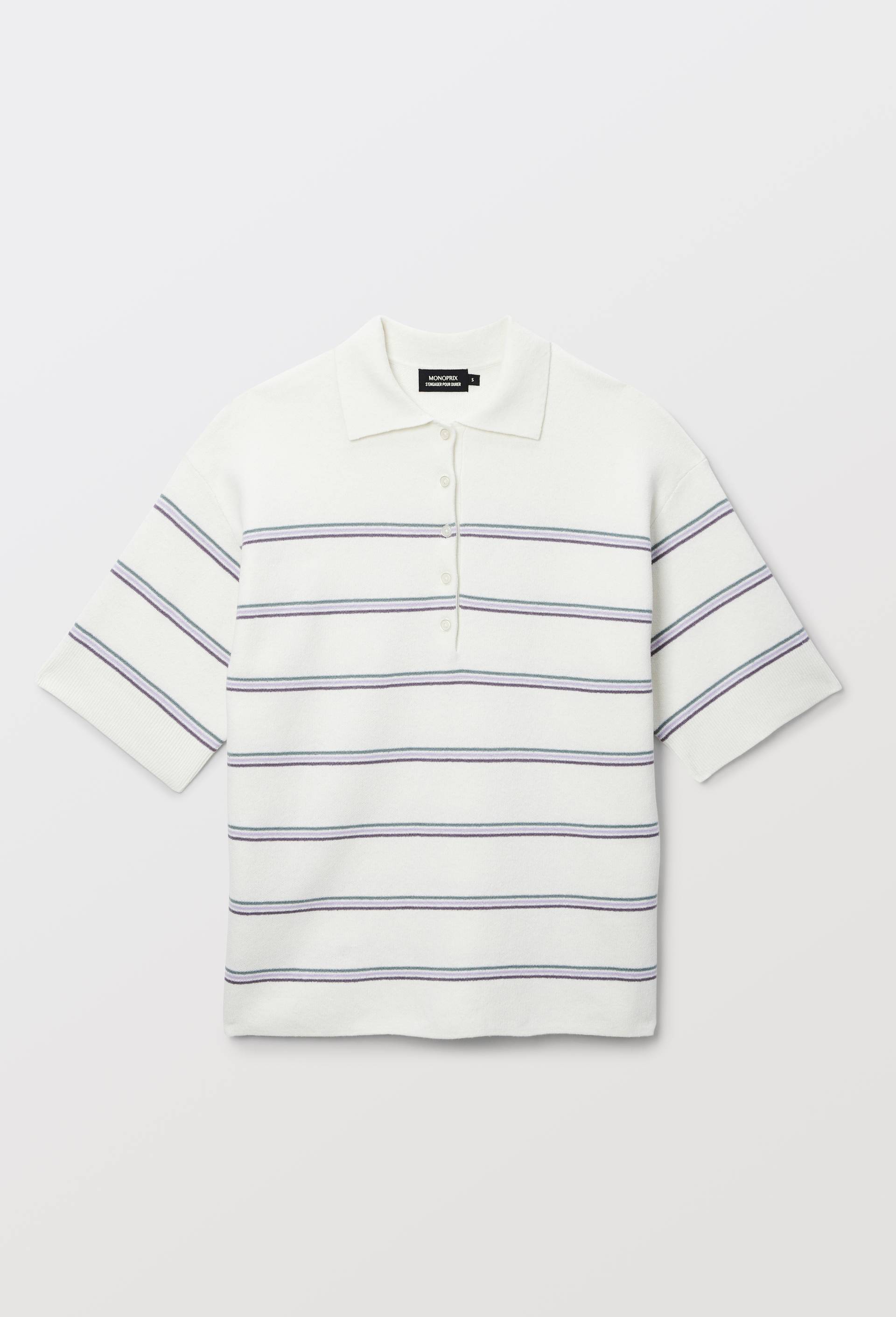 Polo long ray&eacute; en coton lin, Ecru, large image number 3