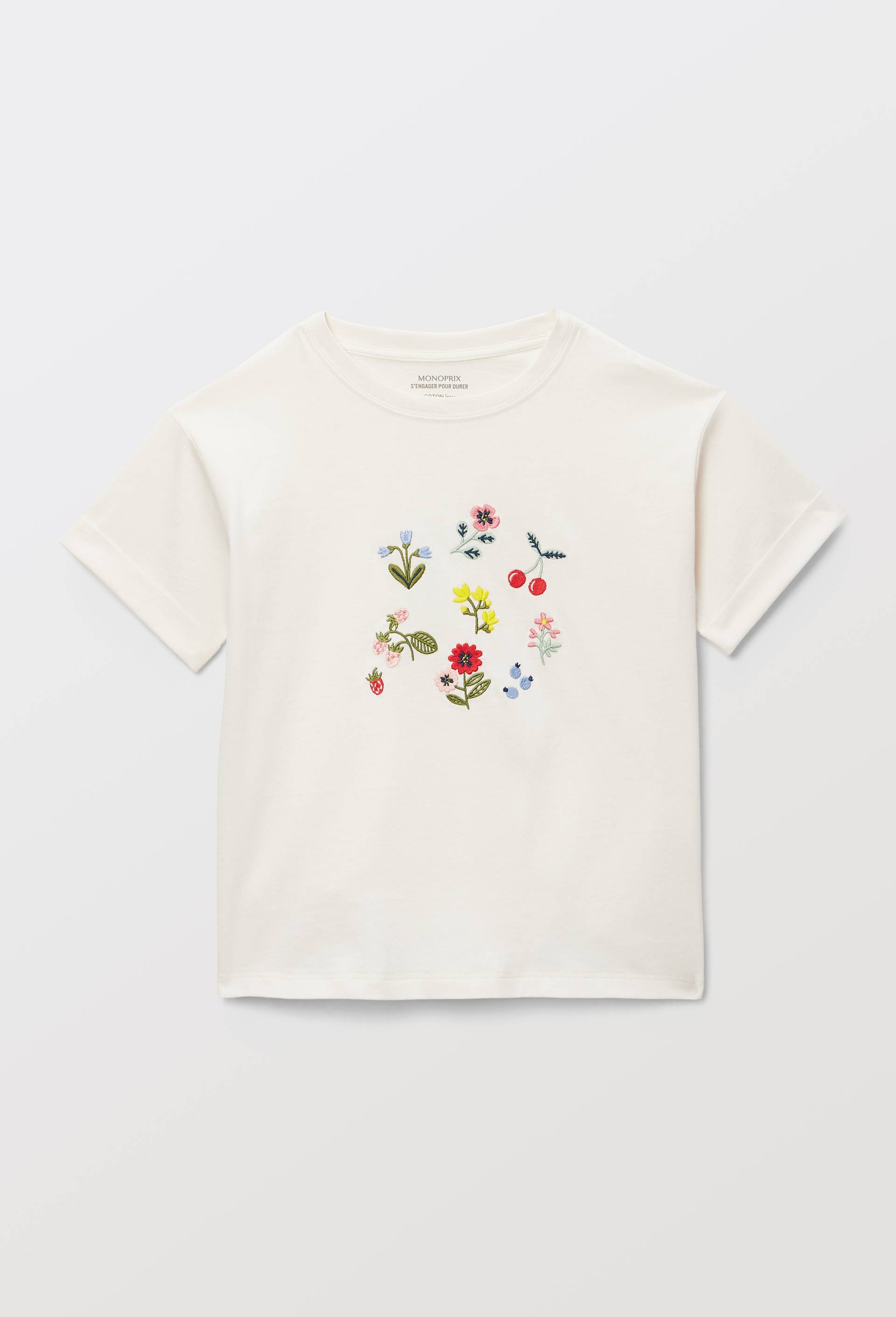 T-shirt manches courtes  brod&eacute; en coton BIO GOTS, Beige clair, large image number 1