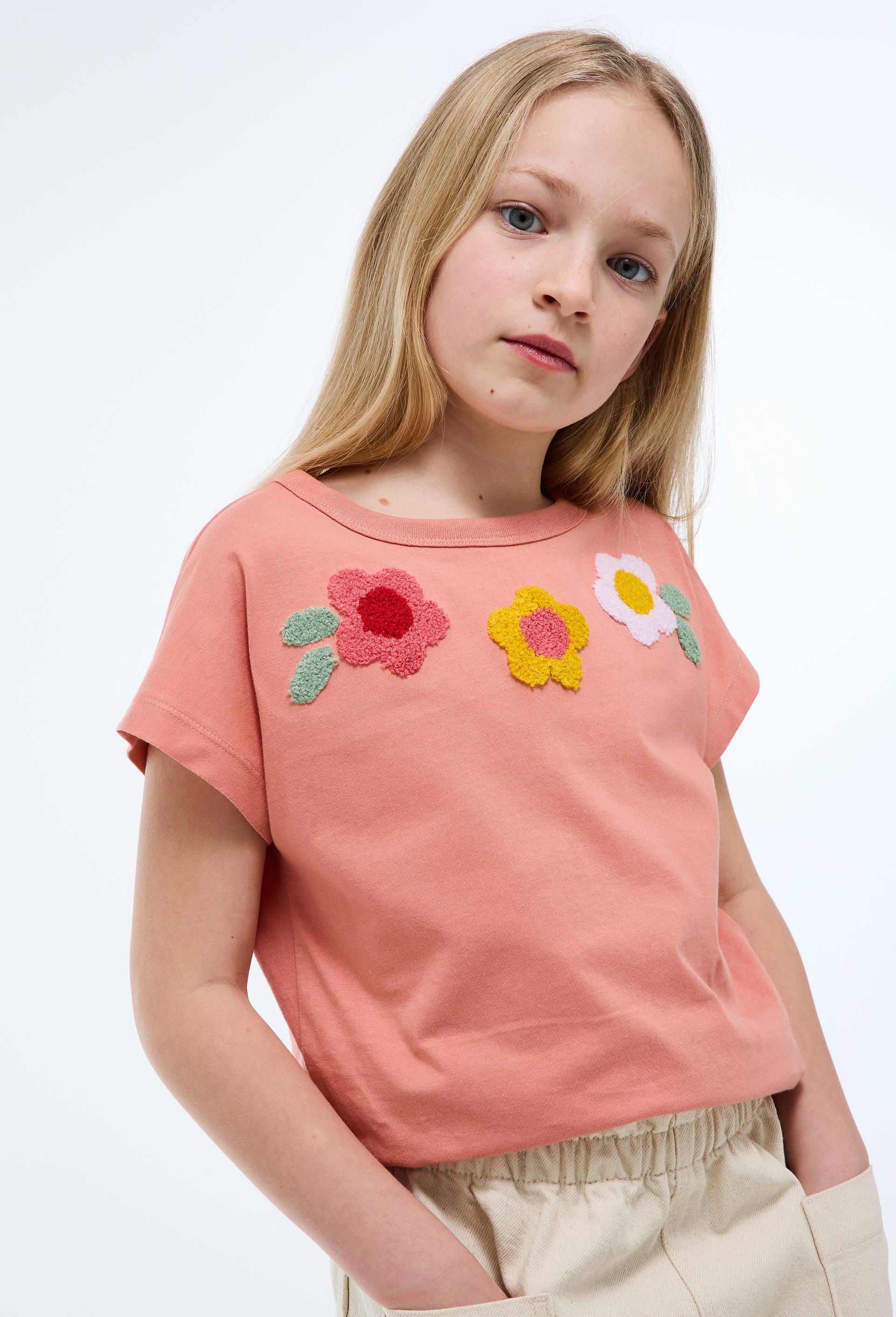T-shirt manches courtes  brod&eacute; en coton BIO GOTS, Rose, large image number 0