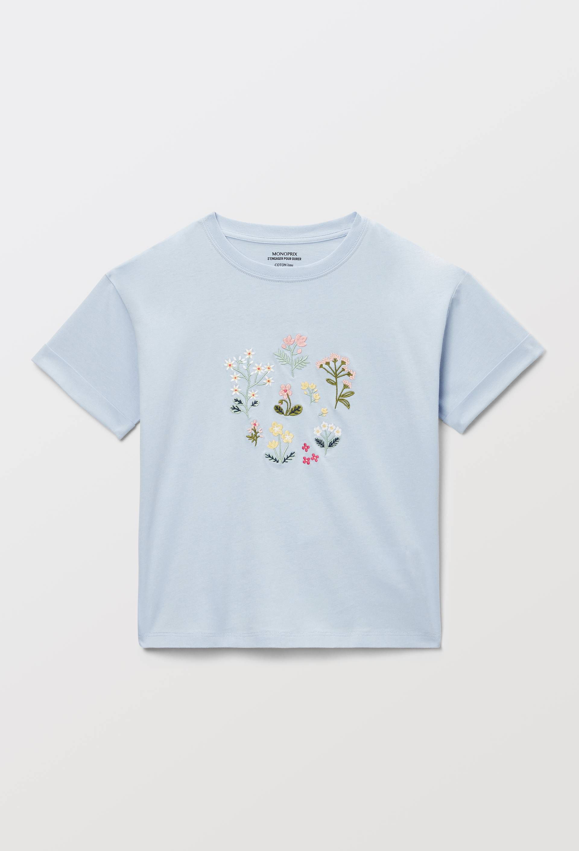 T-shirt manches courtes  brod&eacute; en coton BIO GOTS, Bleu clair, large image number 1
