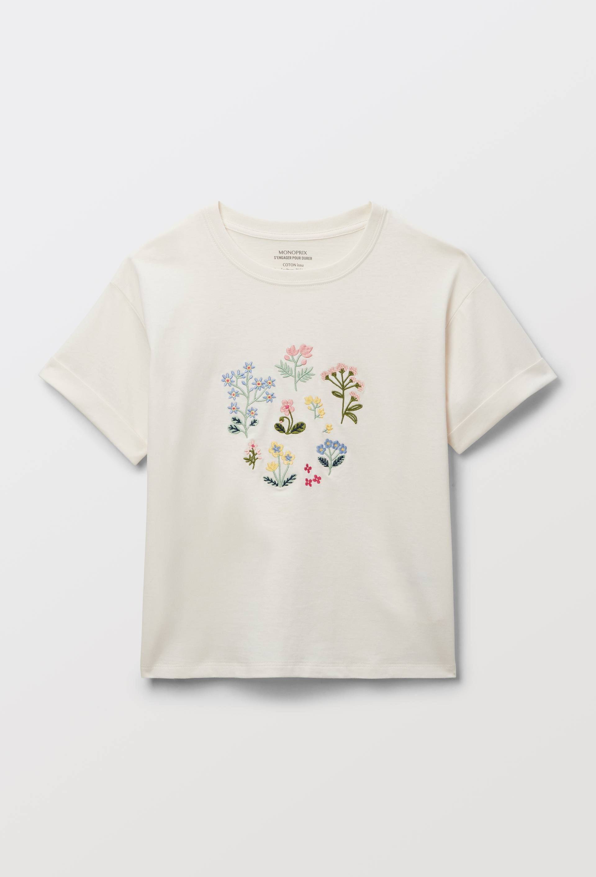 T-shirt manches courtes  brod&eacute; en coton BIO GOTS, Beige clair, large image number 1.0